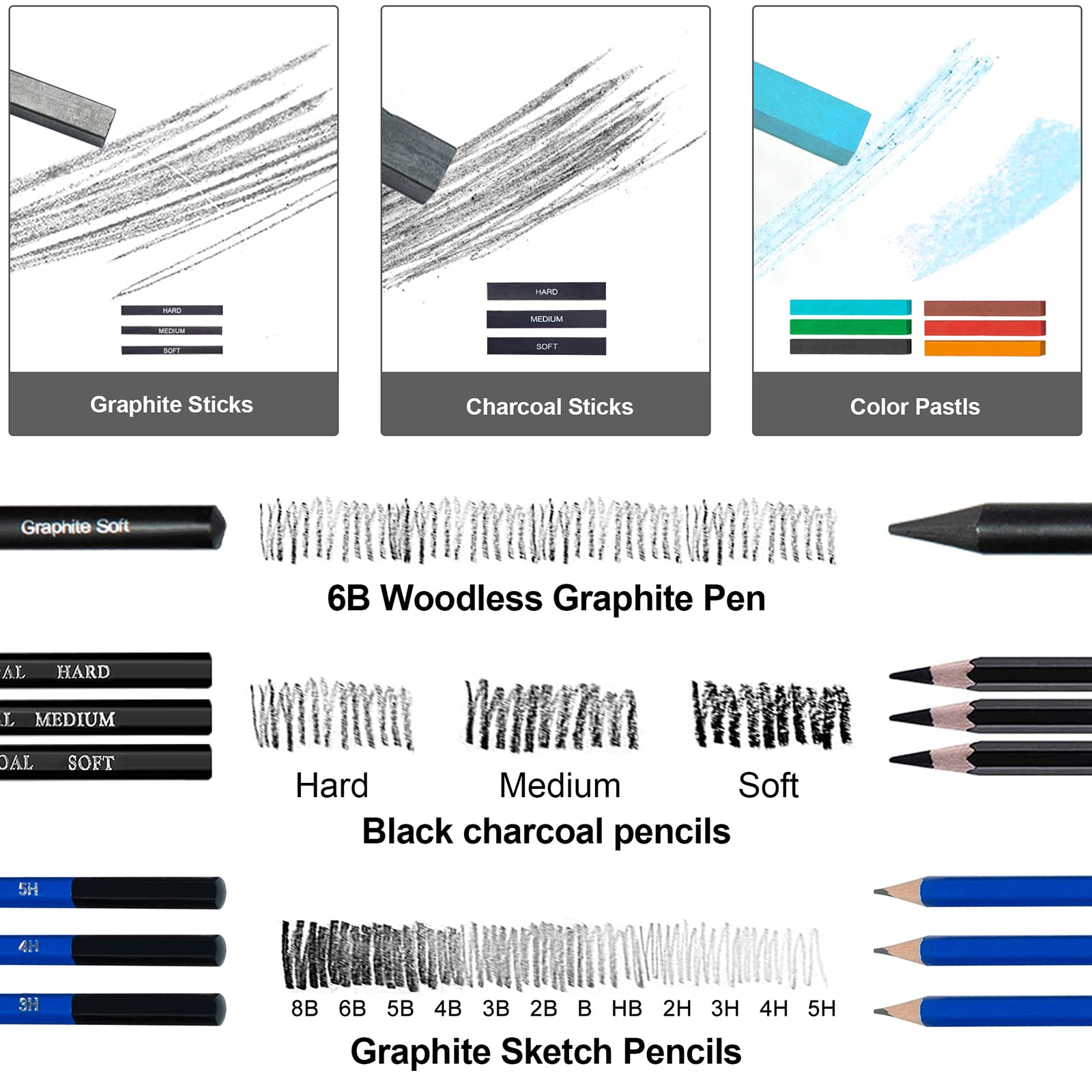 50-Piece Professional Sketching Drawing Pencils Set - Graphite, Charcoal & Sketch Book Art Supplies in Black Zipper Case - Perfect for Adults, Teens & Kids 9-12 - Ideal for Sketching, Shading, Doodling & Art Projects