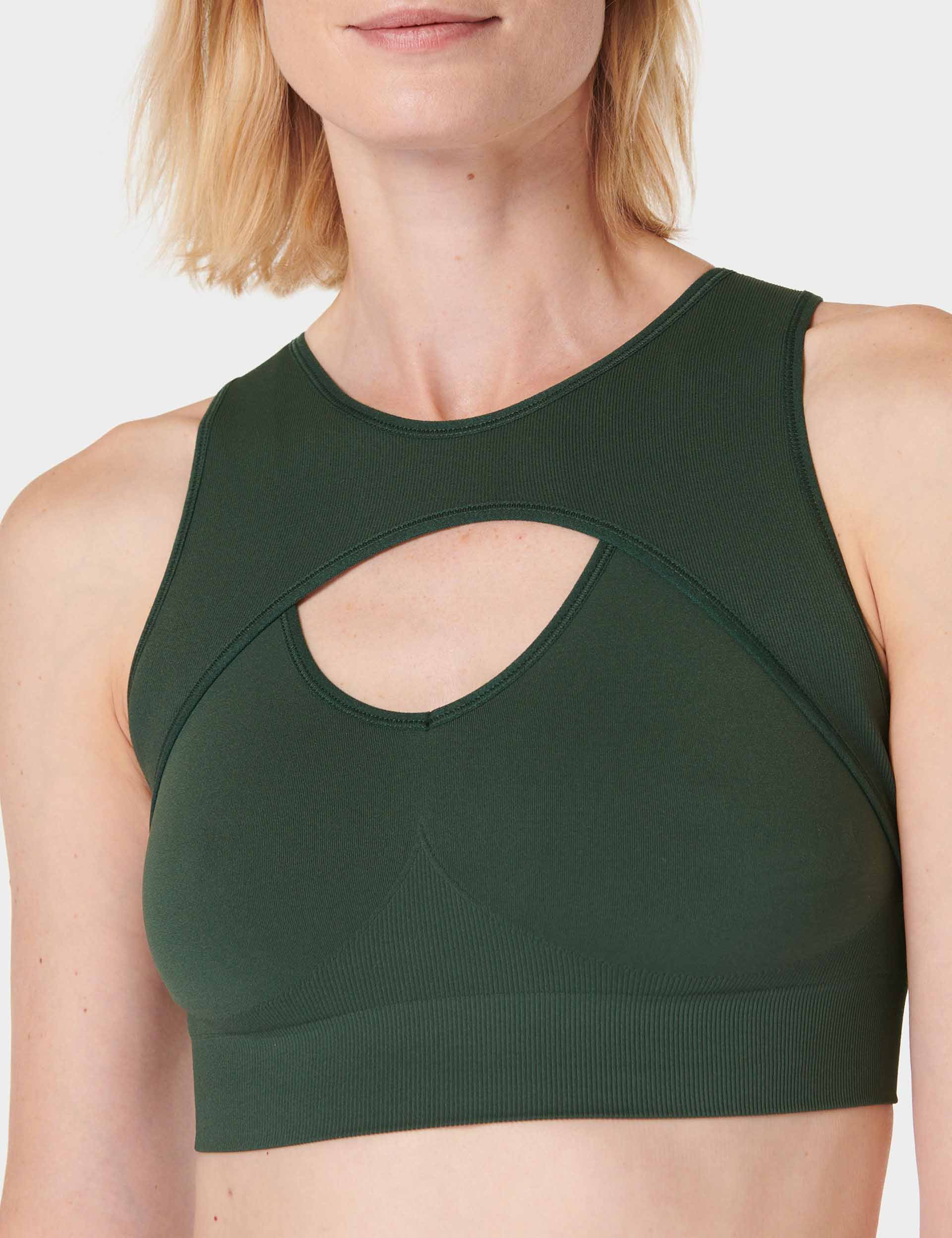 Seamless Plunge Sports Bra for Women - High Support Workout Bra, Trek Green - Perfect for Yoga, Running & Gym Fitness Activities