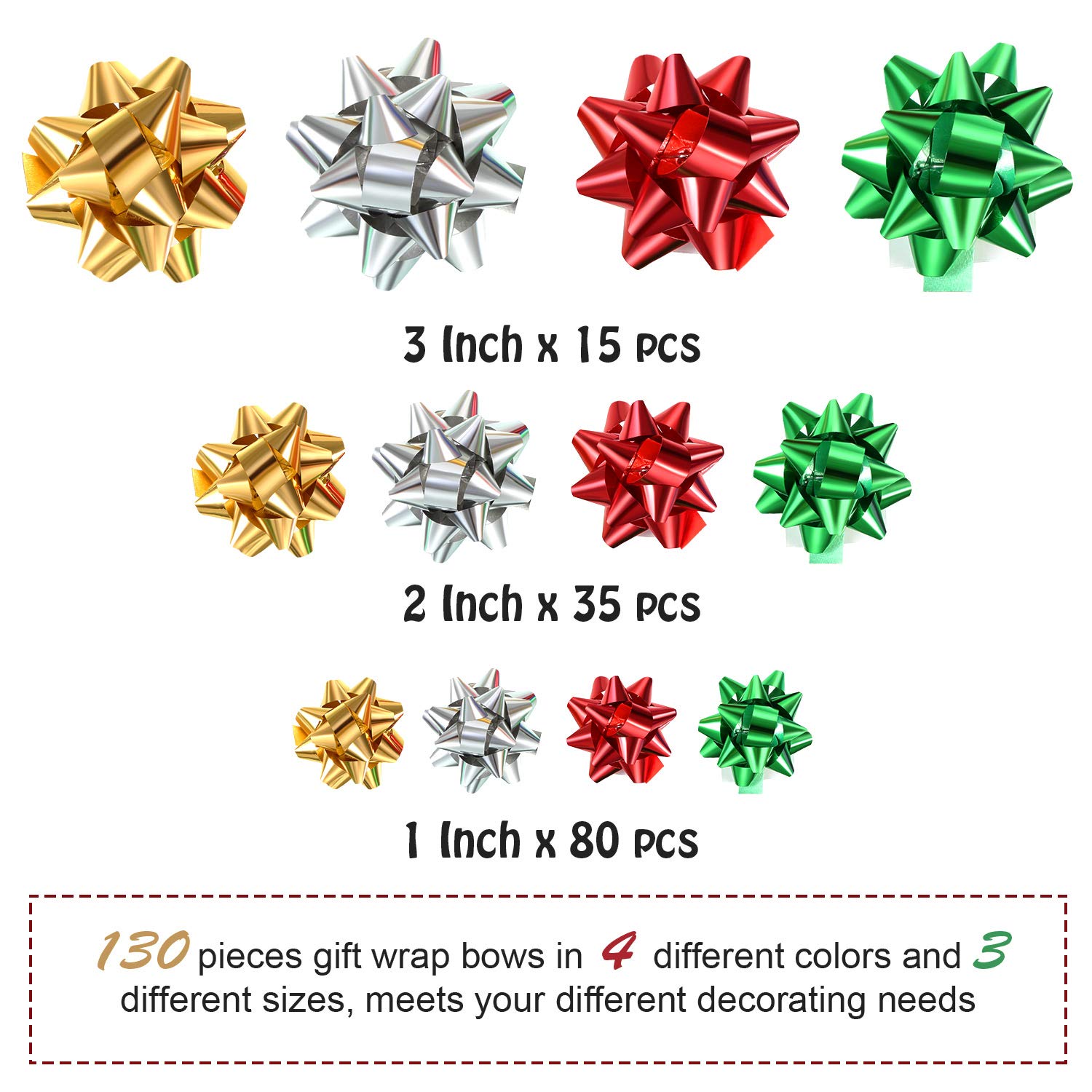 Tatuo 130pcs Self-Adhesive Christmas Gift Bows - Metallic Present Decor for Holidays