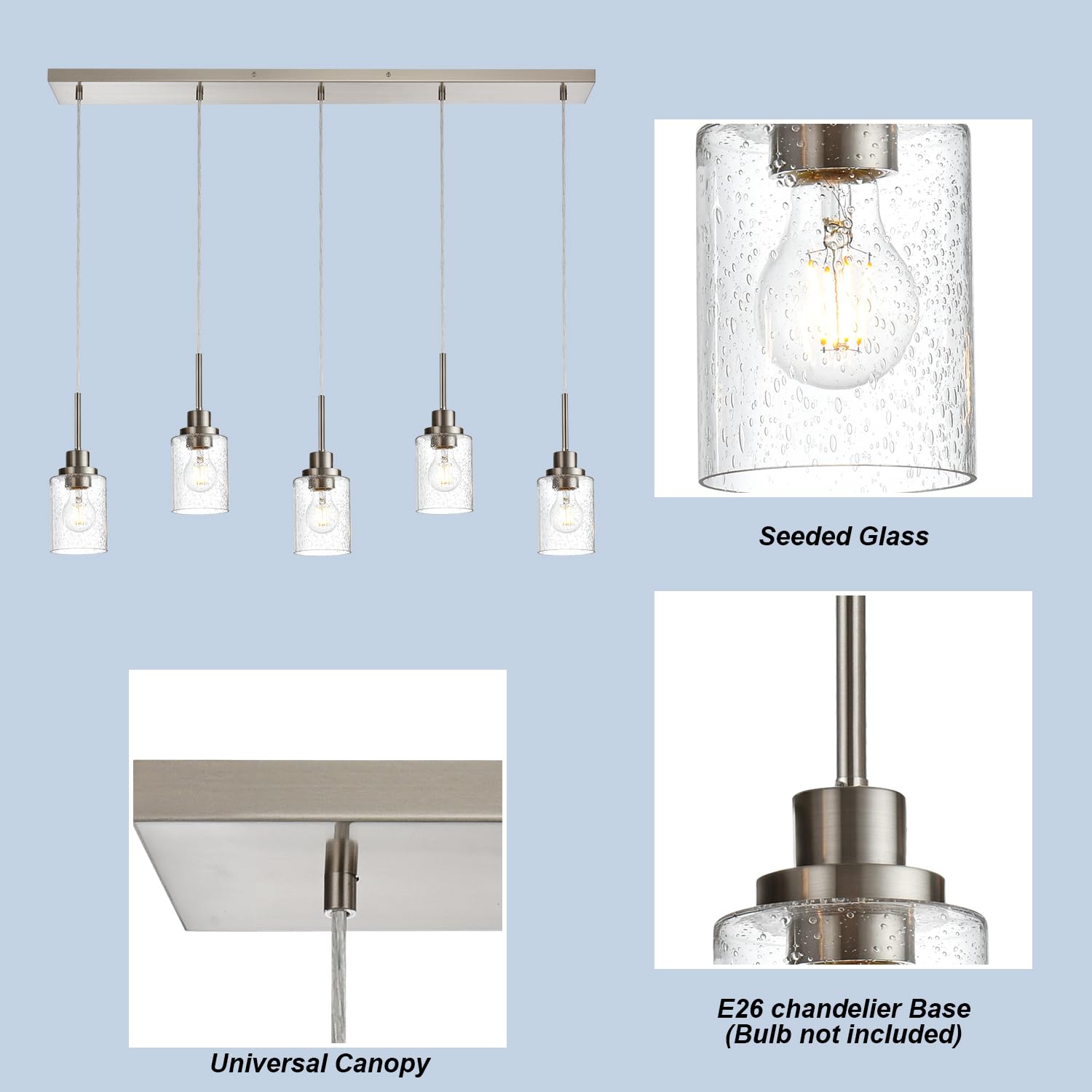 Modern Brushed Nickel Linear Chandelier - 5-Light Farmhouse Pendant Lighting with Clear Seeded Glass for Dining Room, Kitchen Island & Living Room | Contemporary Ceiling Light Fixture for Home Decor