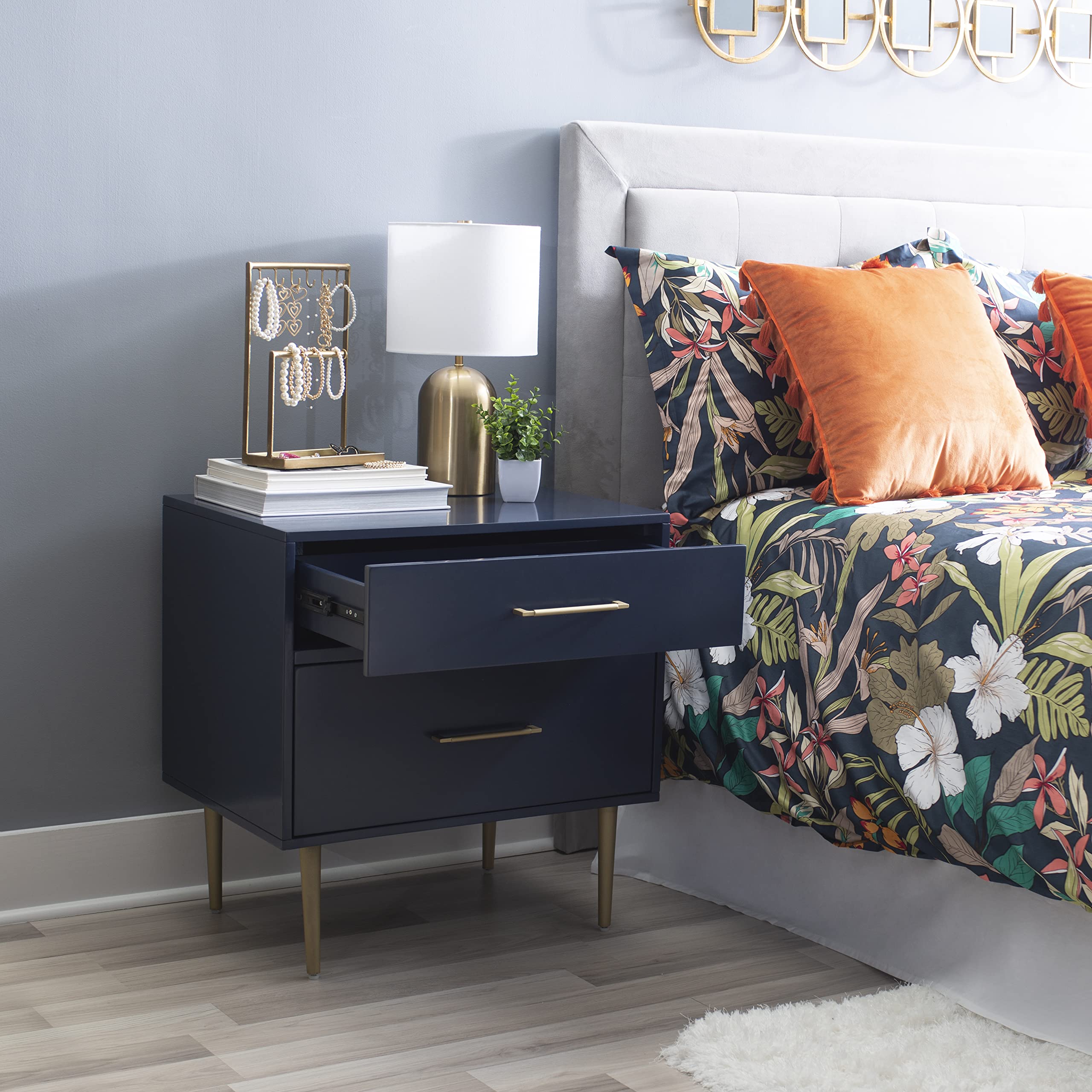 Linon Lennon Modern Navy Nightstand with Gold Hardware - 2 Drawer Bedside Table for Bedroom, Living Room & Office Storage