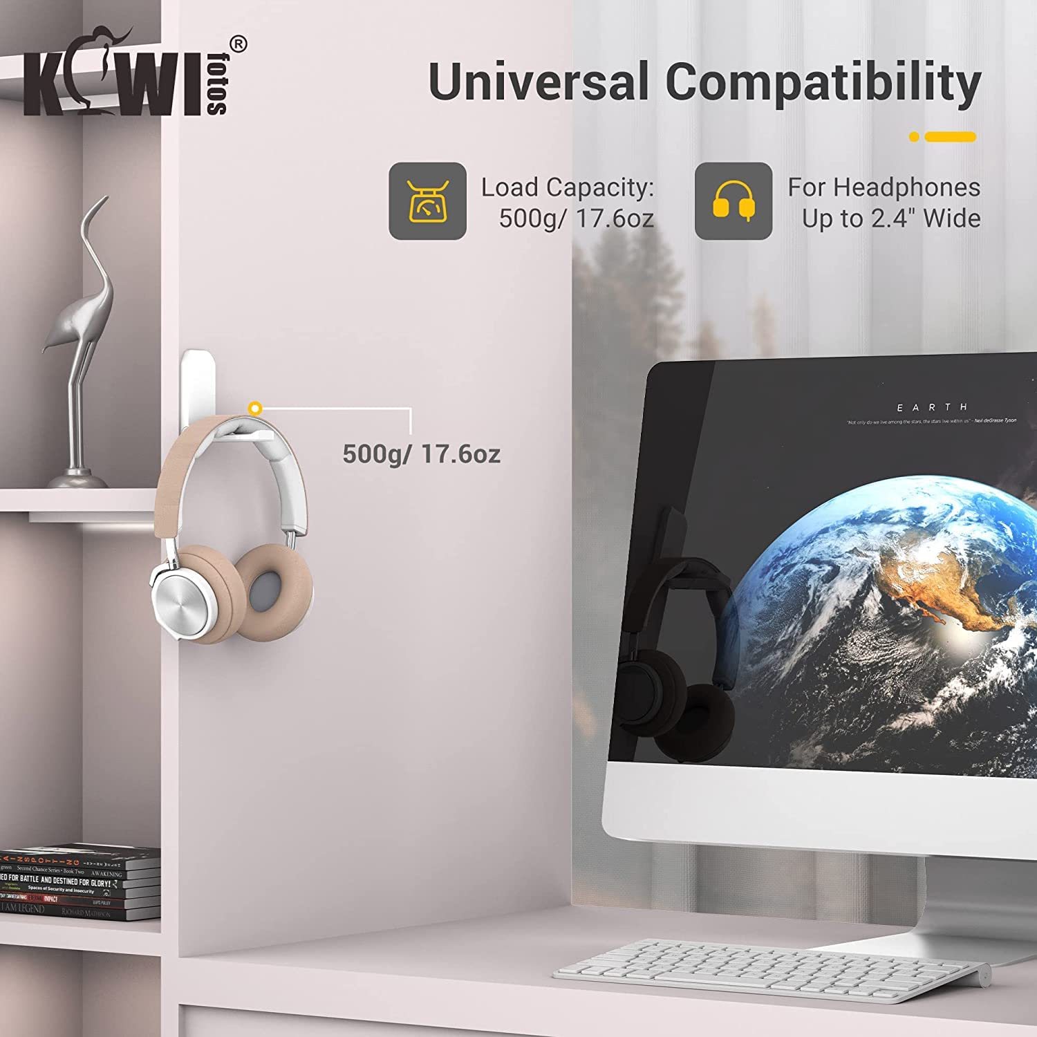 KIWIFOTOS Adhesive Desk Headphone Hanger - Foldable Under Desk Hook Mount for Gaming Headsets & PC Accessories - Wall Mountable Headset Holder Stand (White) - Perfect for Home Office, Gaming Setup & Workspace Organization