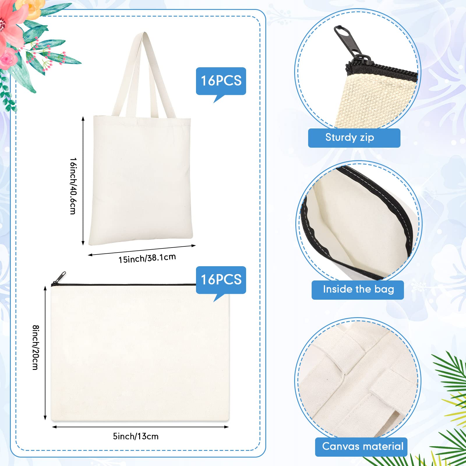 Silkfly 32 Pcs DIY Canvas Tote Bags with Inner Pockets - Reusable Bulk Cosmetic Zipper Makeup Pouches for Gifts (Beige) | Perfect for Travel, Shopping & Organizing Beauty Essentials