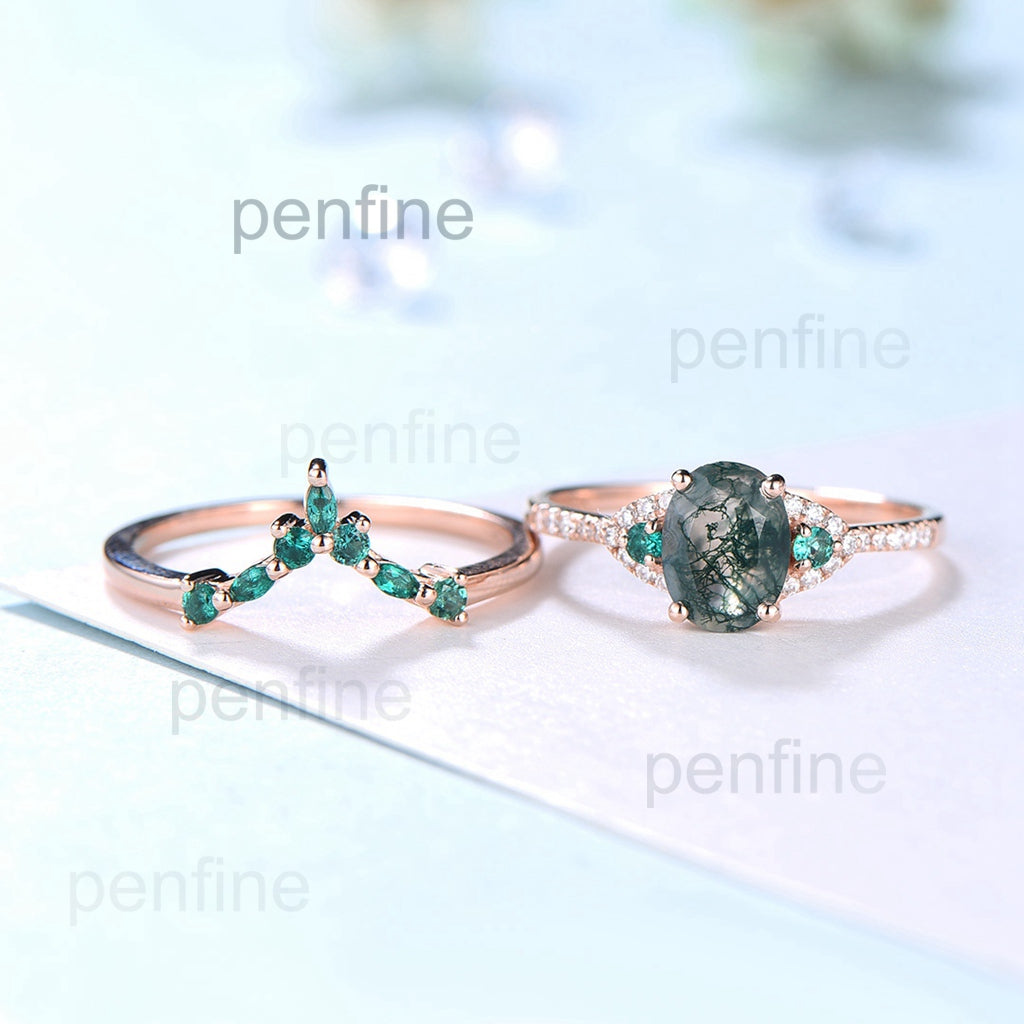 Elegant Moss Agate Ring Set - Vintage Green Stone Wedding Ring for Women, Unique Moss Agate Engagement Ring Bridal Set, Emerald Anniversary Gift - Perfect for Bridal Jewelry, Wedding Bands & Special Occasion Gifts