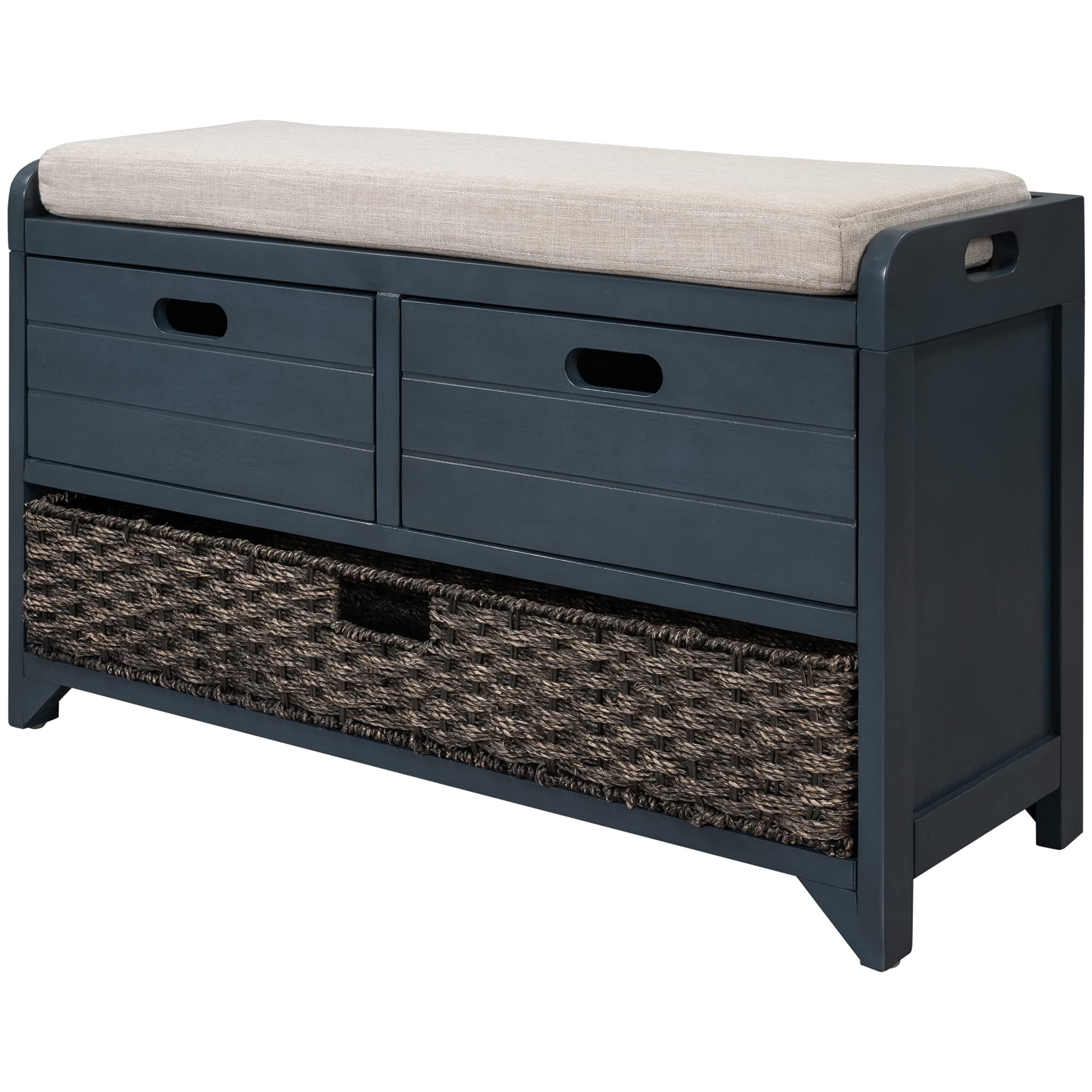 Wooden Storage Bench with 2 Drawers & Removable Basket - Fully Assembled Wicker Entryway Bench with Cushion - Shoe Storage for Hallway, Living Room, Bedroom (Navy) - Perfect for Entry Organization & Home Decor