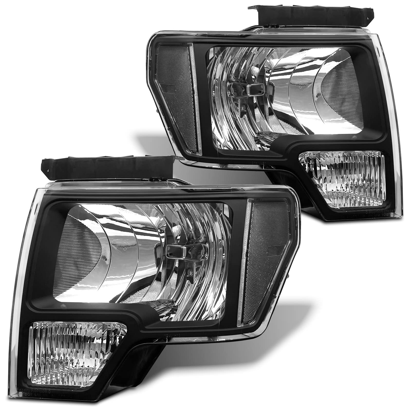 2009-2014 Ford F150 Headlight Assembly - Clear Lens Black Housing with Clear Reflector - Replacement Headlamps for Left & Right Side - Perfect for Night Driving & Off-Road Adventures