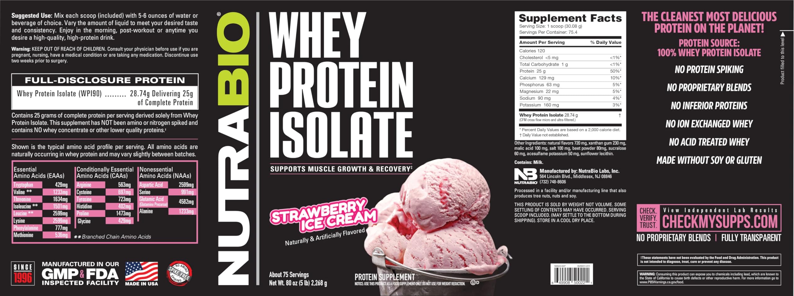 NutraBio Whey Protein Isolate Powder - 25g Protein Per Scoop, Complete Amino Acid Profile | Soy Free, Gluten Free, Non-GMO, No Fillers | Strawberry Ice Cream Flavor - 5 Pound Bag | Ideal for Post-Workout Recovery, Muscle Building & Healthy Lifestyle