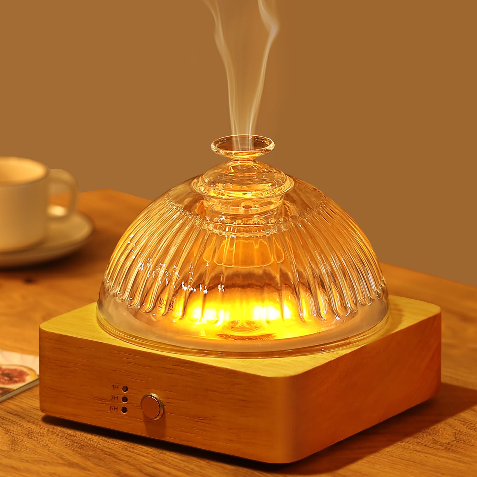 200ml Glass Dome Essential Oil Diffuser - Ultrasonic Aroma Diffuser with Wood Base, Timer & Adjustable LED Flame Light - Perfect for Home, Office, Yoga and Spa Relaxation