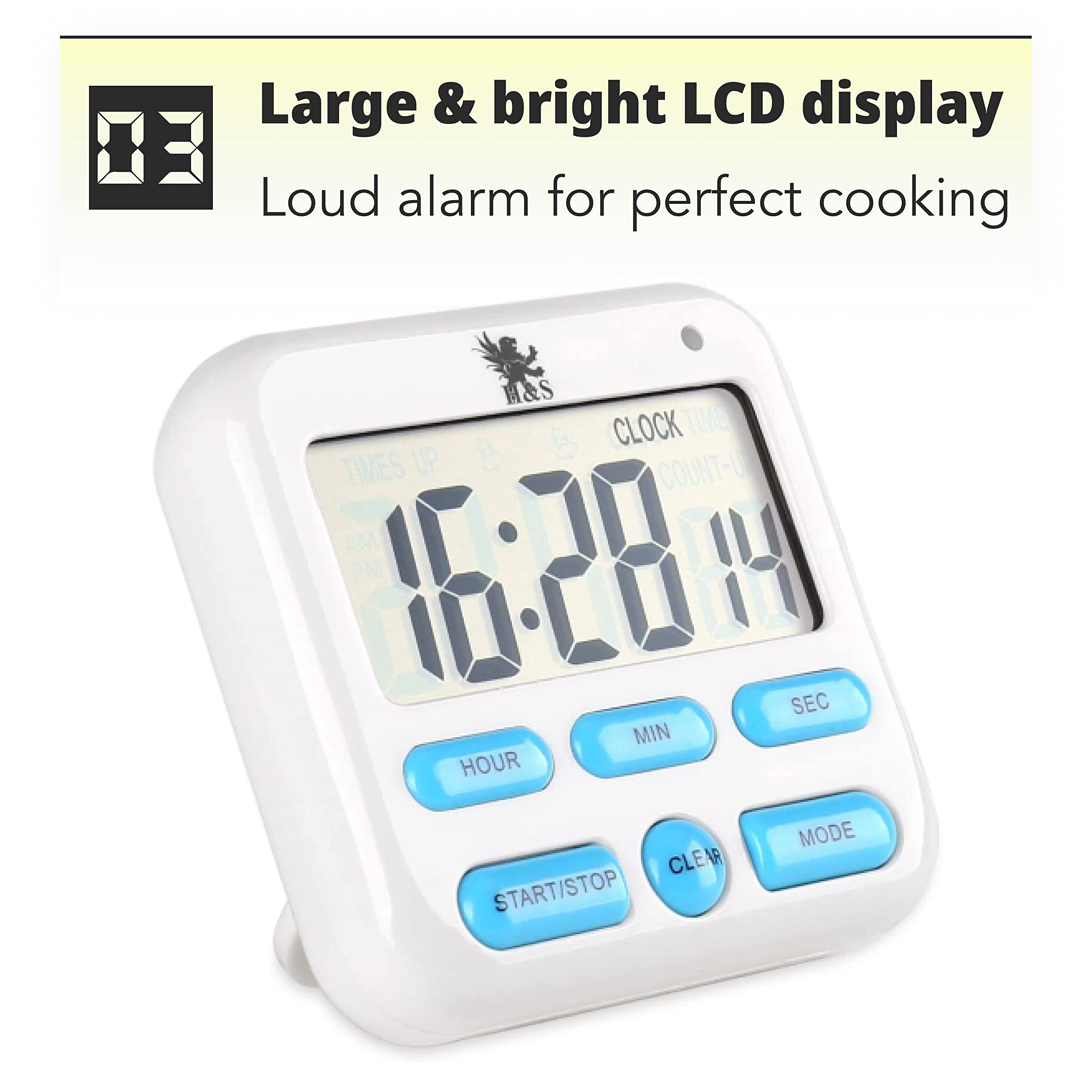 H&S Magnetic Digital Kitchen Timer & Alarm Clock - Large LCD Display, Loud Alarm, Magnetic Stand - Perfect for Cooking, Baking, Classroom Countdown, and Office Use - Includes AAA Battery (White)