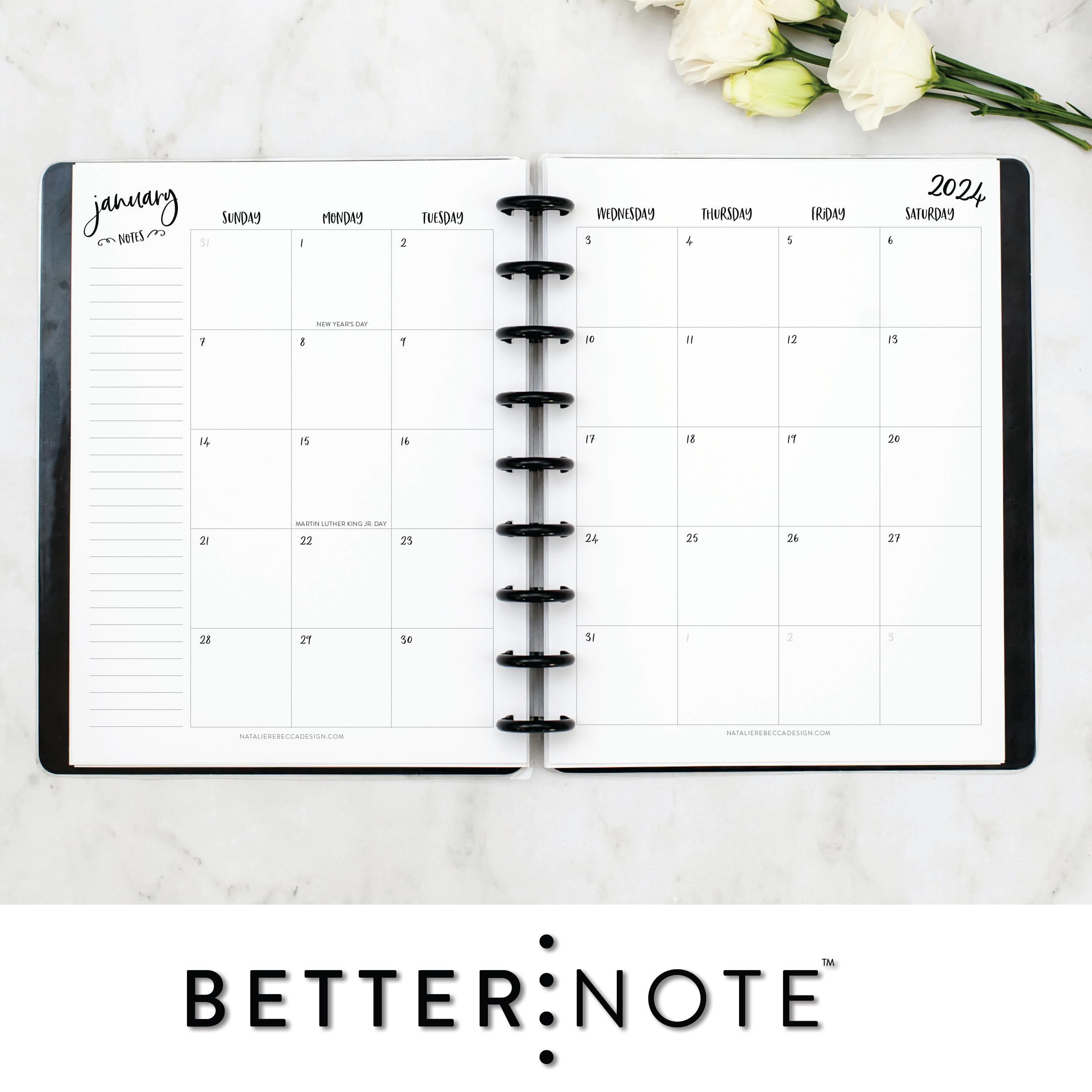 BetterNote 2025 Vertical Calendar Refill for Disc Notebooks - Fits Levenger Circa, Happy Planner, Staples Arc, TUL, InkWell Press, MAMBI, NOTIQ (Whimsy Design, 9-Disc, 7