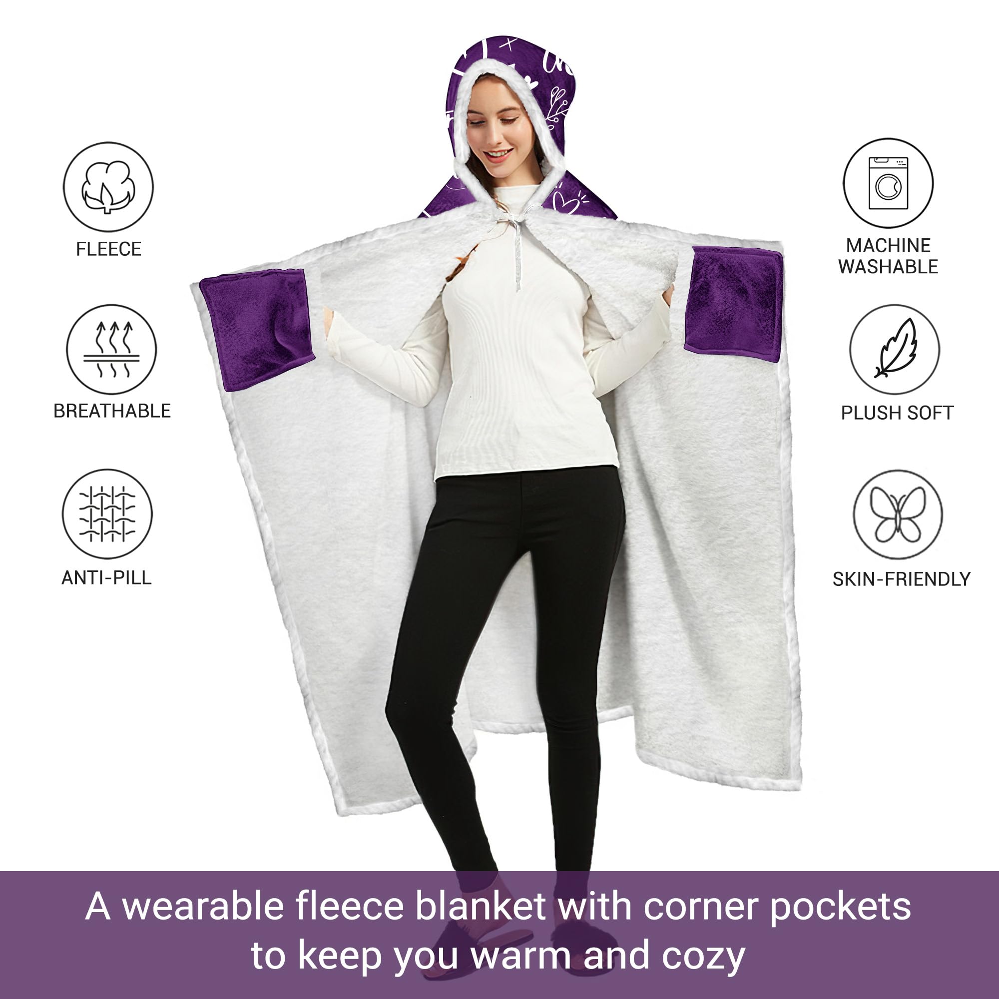 Vprintes Purple Sherpa Fleece Wearable Blanket Hoodie - Warm & Cozy Gifts for Women - Birthday Present for Best Friends - Perfect for Lounging, Movie Nights & Winter Comfort