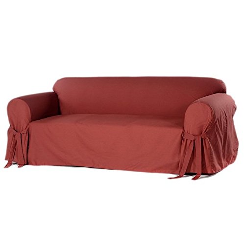 Dark Red Cotton Duck Sofa Slipcover - Relaxed Fit with Arms, Straight Skirts & Bowties | Home Decor Couch Cover for Living Room, Office & Dorm