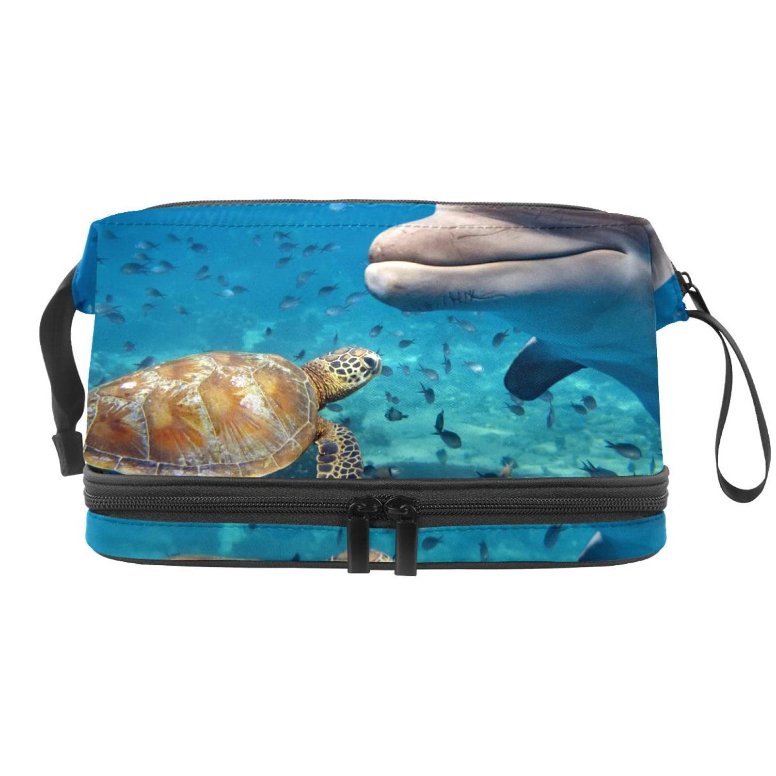 Waterproof Makeup Bag for Women - Large Travel Cosmetic Organizer with Brush Holder, Dolphin & Sea Turtle Design - Perfect for Travel, Gym, and Daily Use