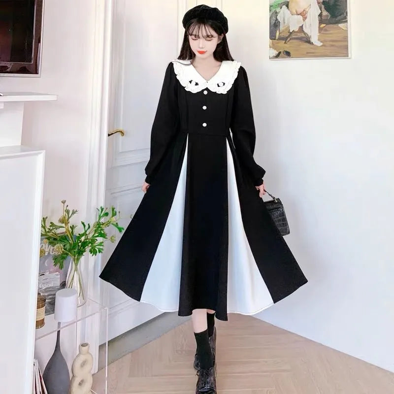 2023 Vintage Preppy Style Kawaii Black Midi Dress for Women - Peter Pan Collar School Student Party Dress | Perfect for Autumn School Events, Casual Outings & Retro-Themed Parties
