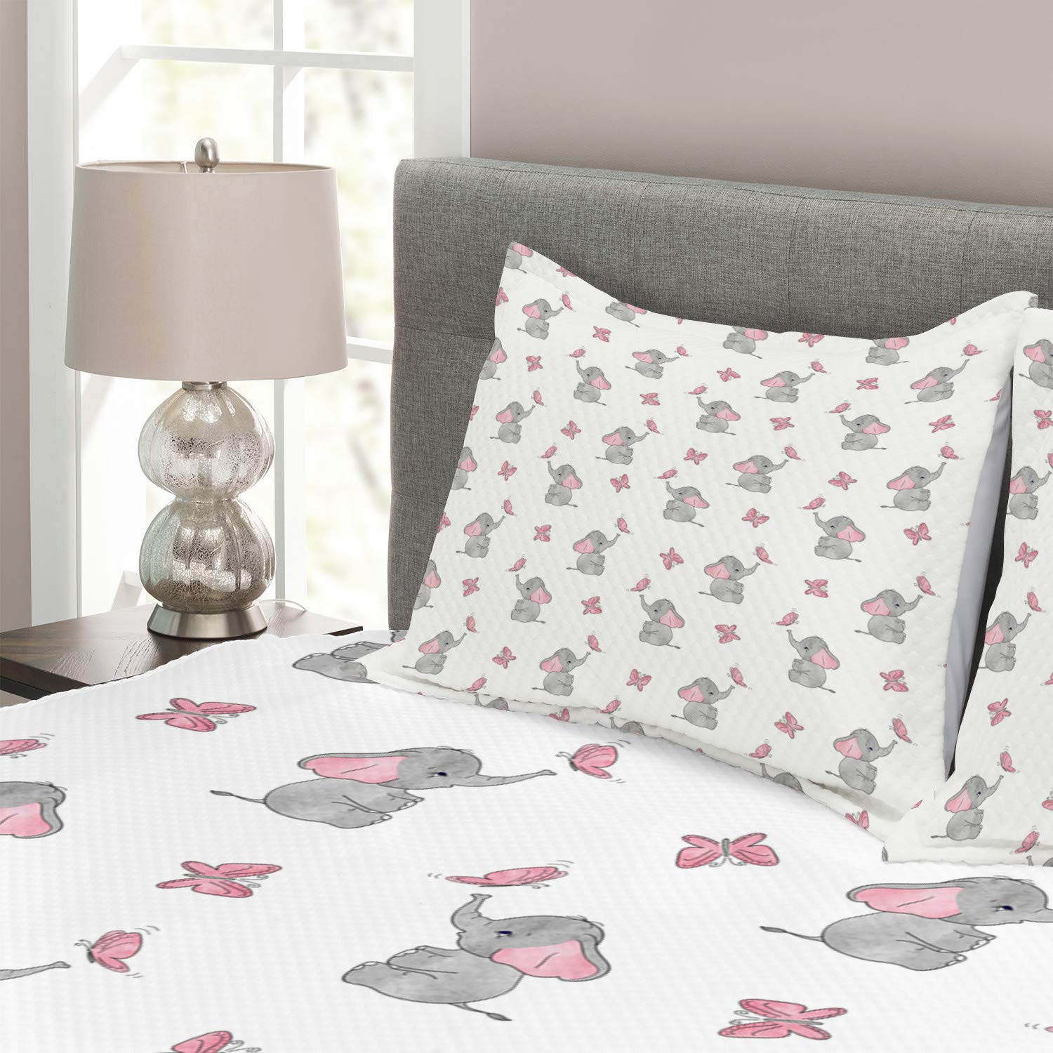 Ambesonne Animal Cartoon Bedspread Set - Playing Butterflies Design 3-Piece King Size Bedding (Coverlet + 2 Pillow Shams) in Pale Pink White Grey - Soft Decorative Comforter for Kids Room, Guest Bedroom & Dorm