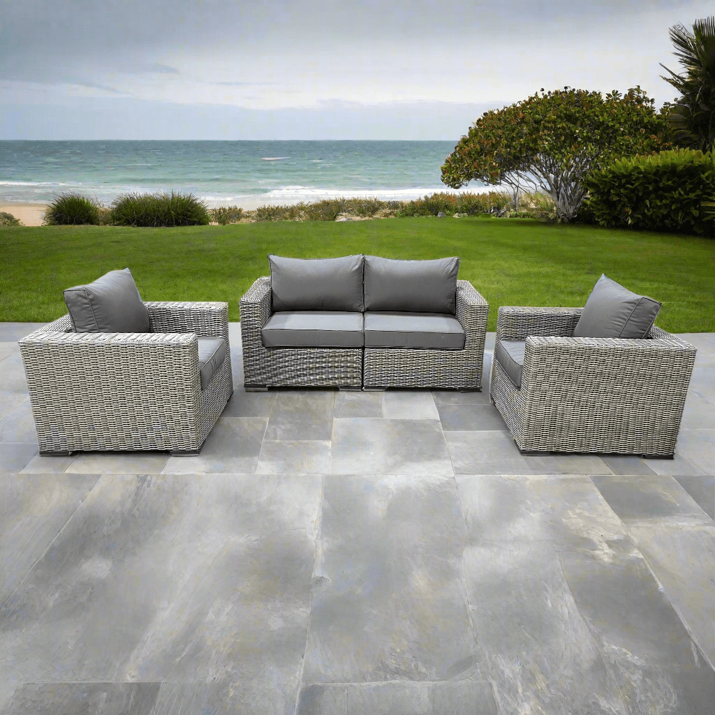Riviera Outdoor Patio Wicker Loveseat and 2 Club Chairs Set - Grey Wicker Furniture with Sunbrella Canvas Charcoal Cushions - Perfect for Backyard, Garden, and Poolside Relaxation