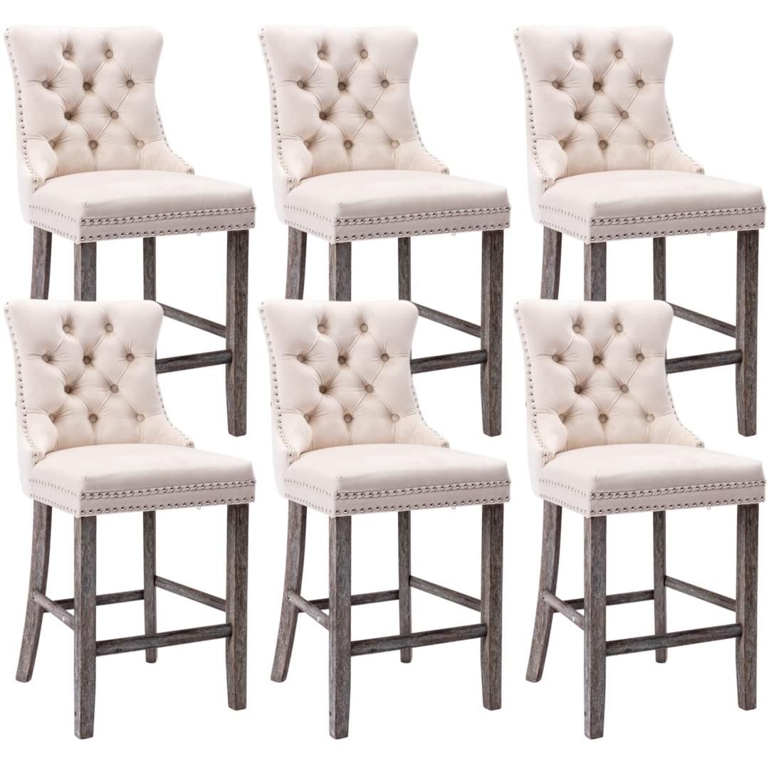 Velvet Bar Stools with Studs Trim & Wooden Legs - Set of 6 Tufted Dining Chairs for Kitchen Counter, Breakfast Nook & Home Bar Decor