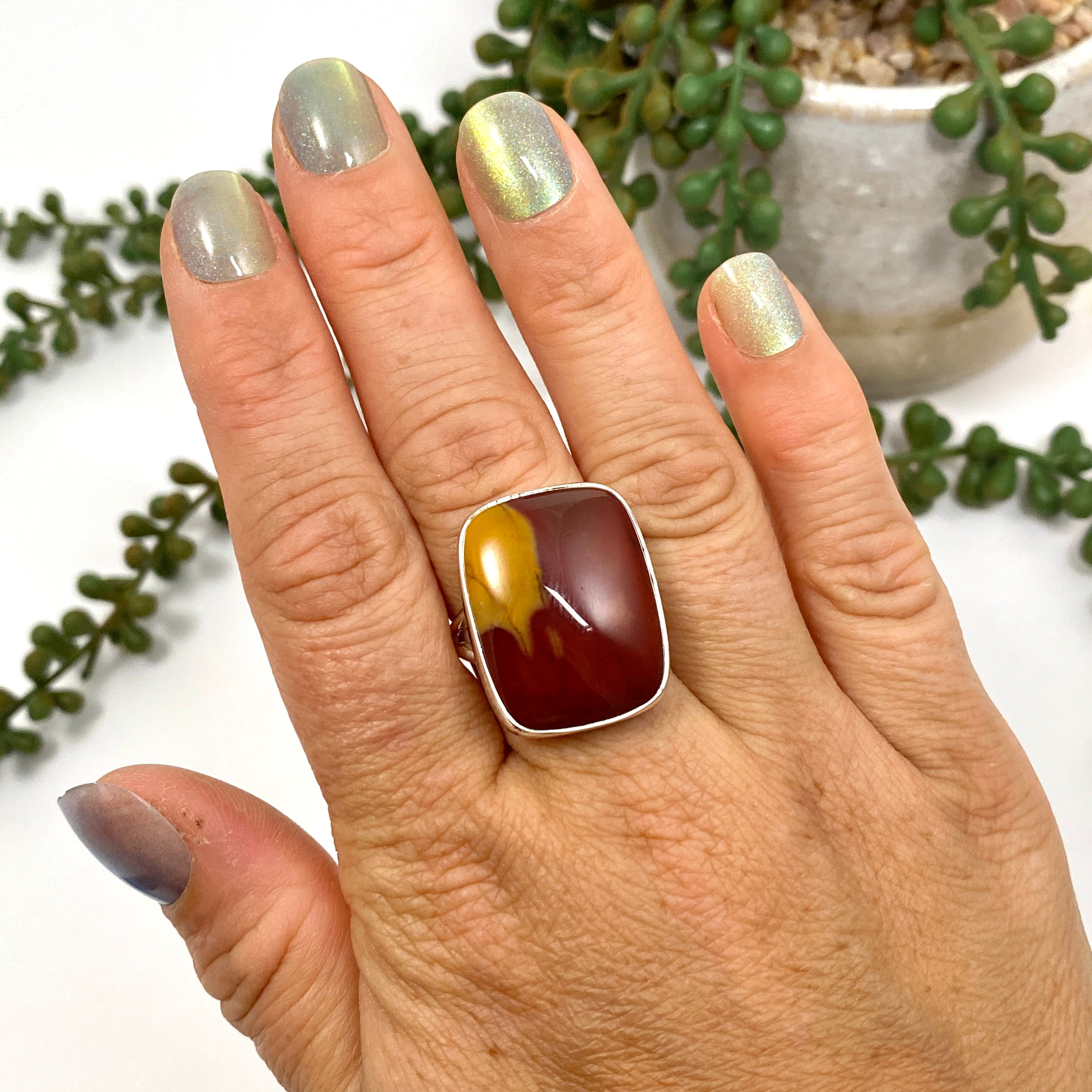 Natural Mookaite Rectangular Cabochon Ring - Size 10 (KRGJ3384) | Handmade Gemstone Jewelry for Women | Perfect for Boho Fashion, Gift Giving & Special Occasions