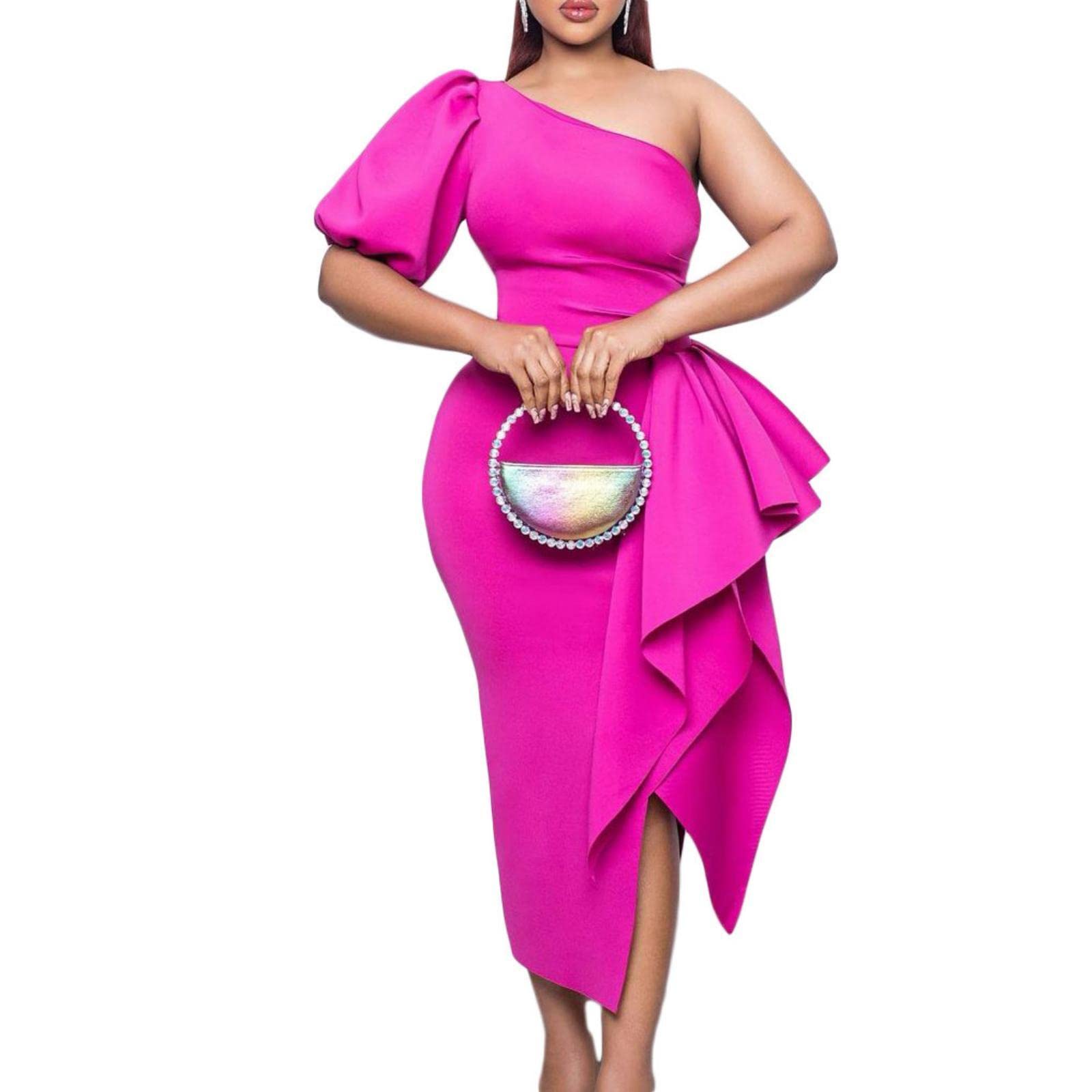 Sexy One Shoulder Ruffle Bodycon Dress for Women - Short Sleeve Split Midi Party Dress | Perfect for Cocktail Parties, Date Nights & Club Wear