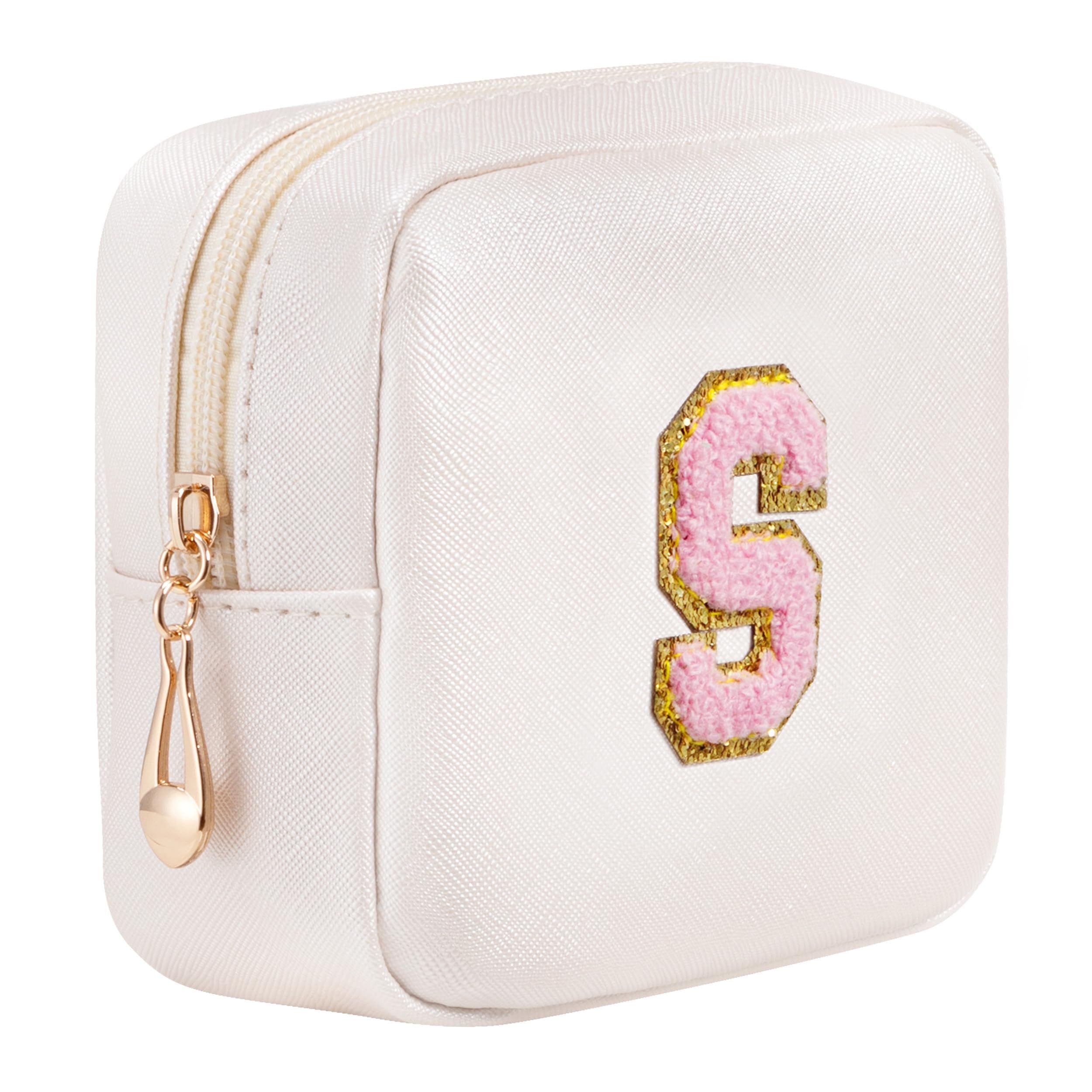 HBselect Preppy Initial Makeup Bag - Chenille Letter Patch Small Cosmetic Pouch, PU Leather Waterproof Travel Toiletry Bag for Women & Teens | Perfect for School, Gym, Travel & Gift Giving (White)
