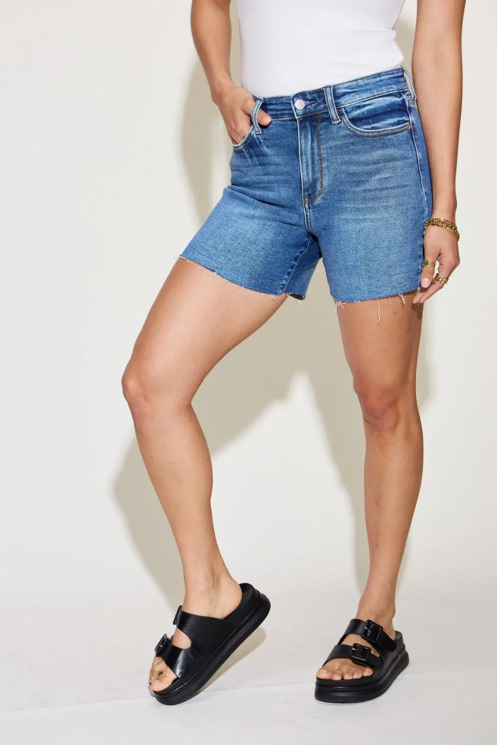 Judy Blue High Waist Slim Denim Shorts for Women - Stretchy Comfort Fit Distressed Denim Shorts | Perfect for Summer, Beach, and Casual Outings
