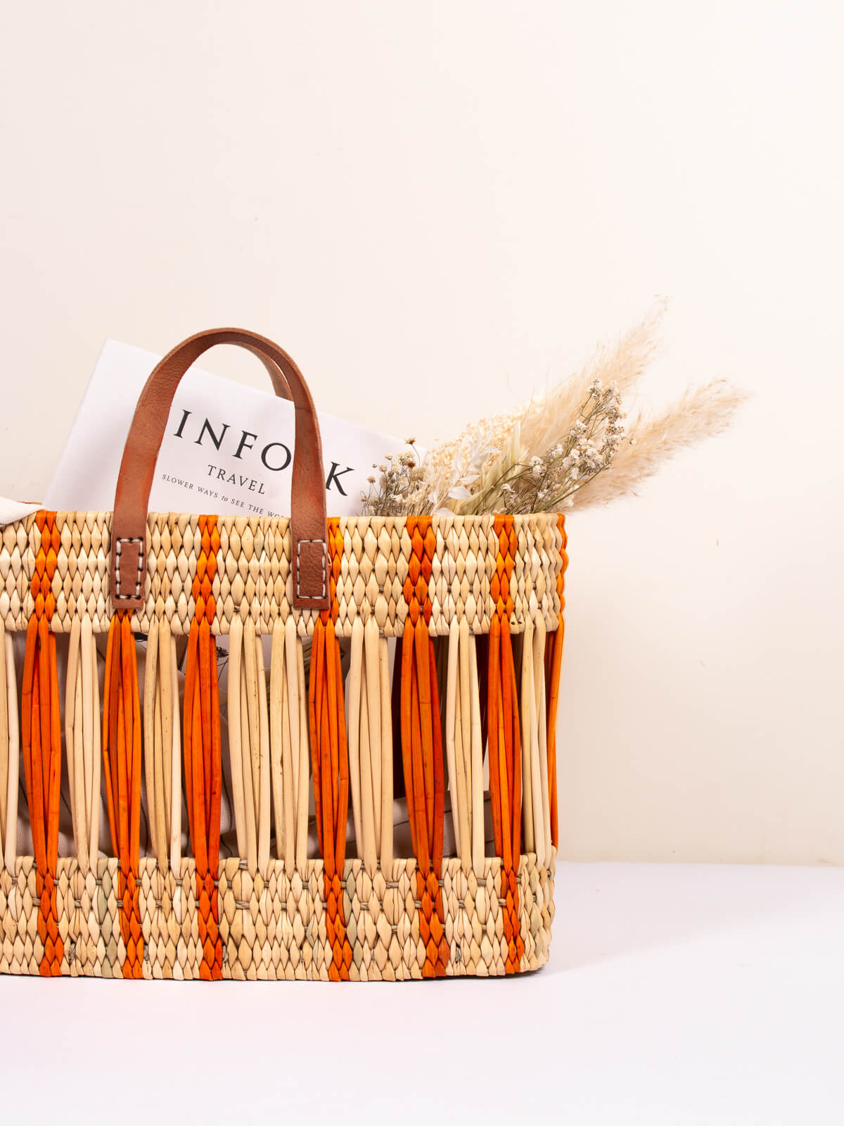 Handwoven Orange Stripe Decorative Reed Basket - Boho Home Decor for Living Room, Bedroom & Bathroom Storage