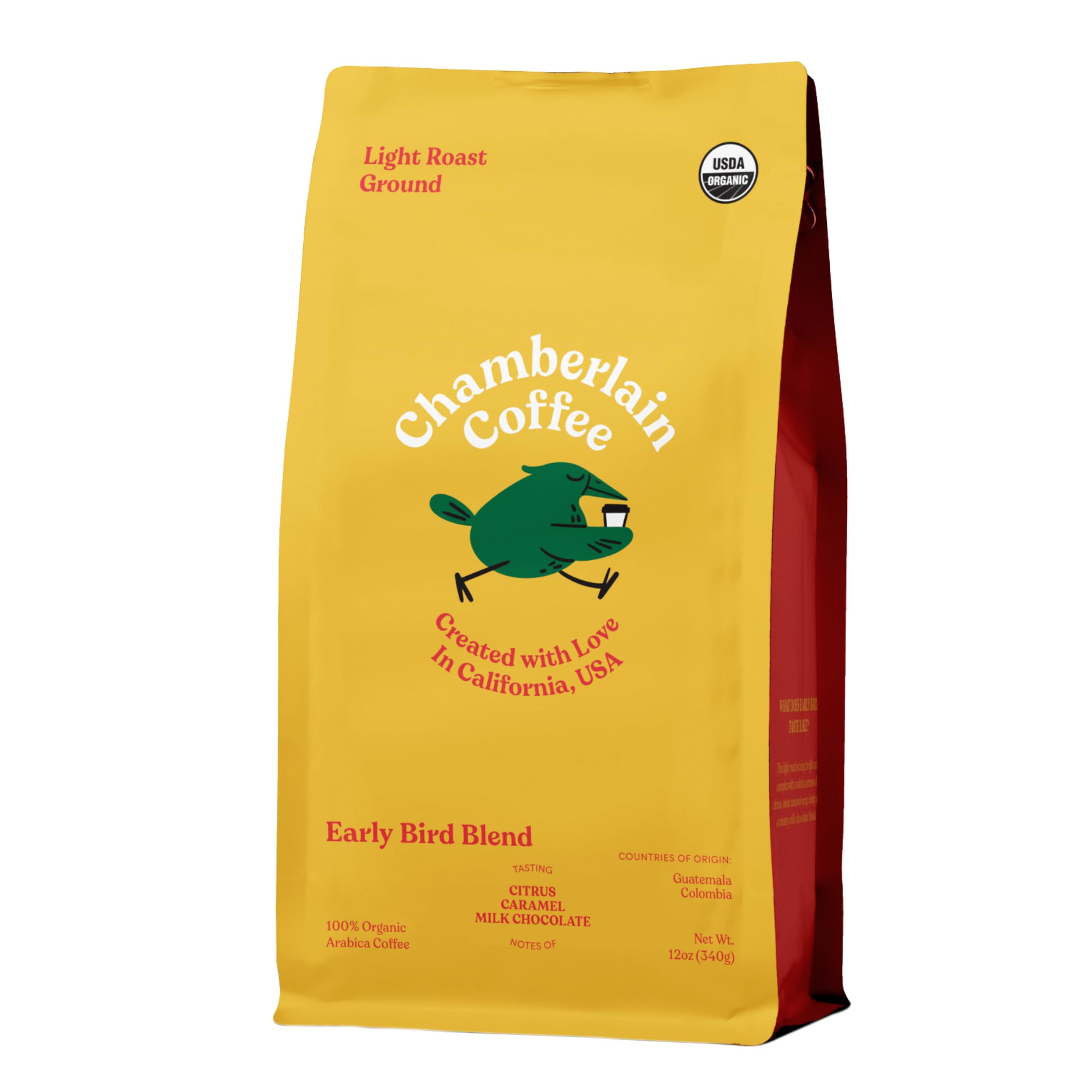Chamberlain Coffee Early Bird Blend Light Roast Ground Coffee - Citrus, Caramel & Milk Chocolate Flavored - Freshly Roasted in California - 12 oz - Perfect for Morning Brew, Office Break & Gift Giving