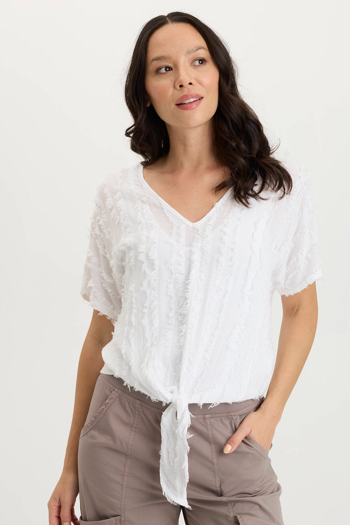 Curine Striped Voile & Jersey Knotted V-Neck Top for Women | Casual Summer Blouse for Beach, Party & Everyday Wear