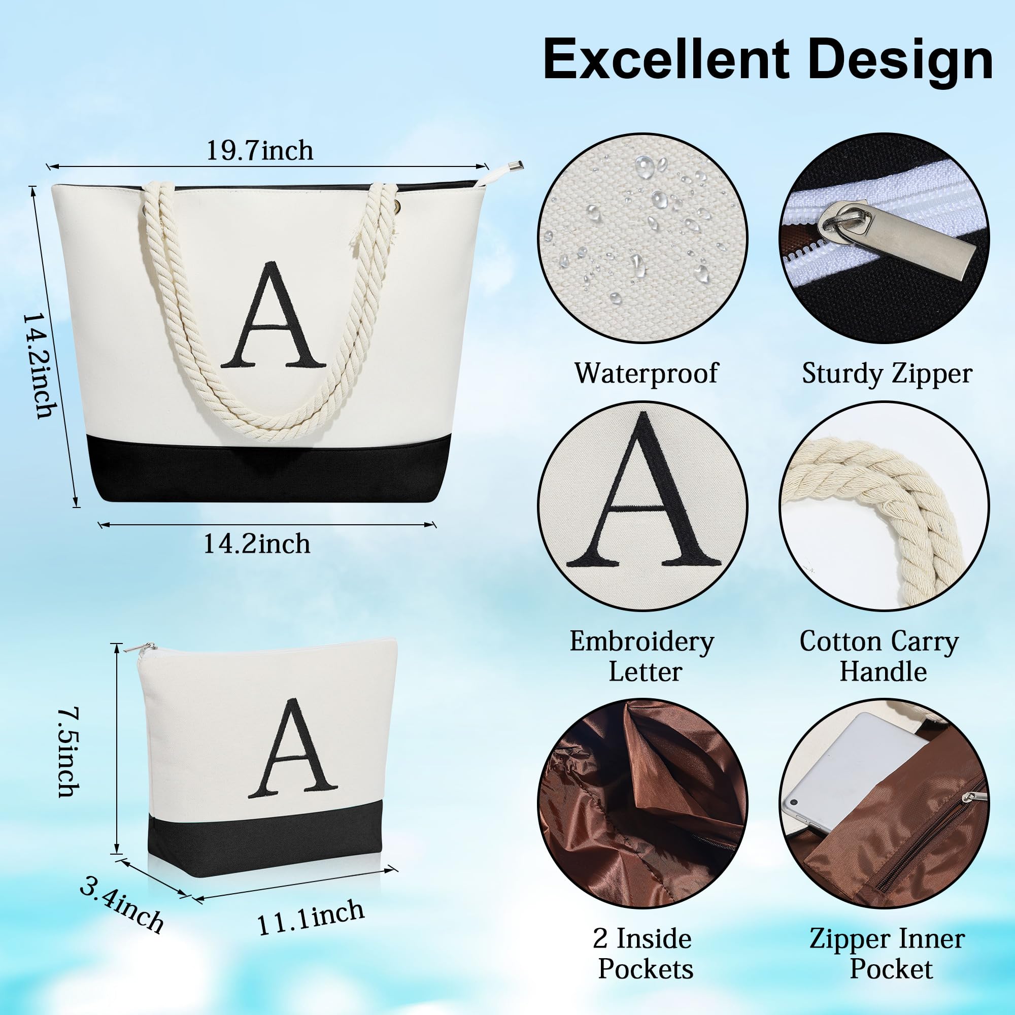 YOOLIFE Personalized Initial Canvas Tote Bag & Makeup Bag Set - Christmas Birthday Gifts for Women, Mom, Teacher, Friend | Trendy Reusable Shopping & Cosmetic Storage for Daily Use, Work, Travel