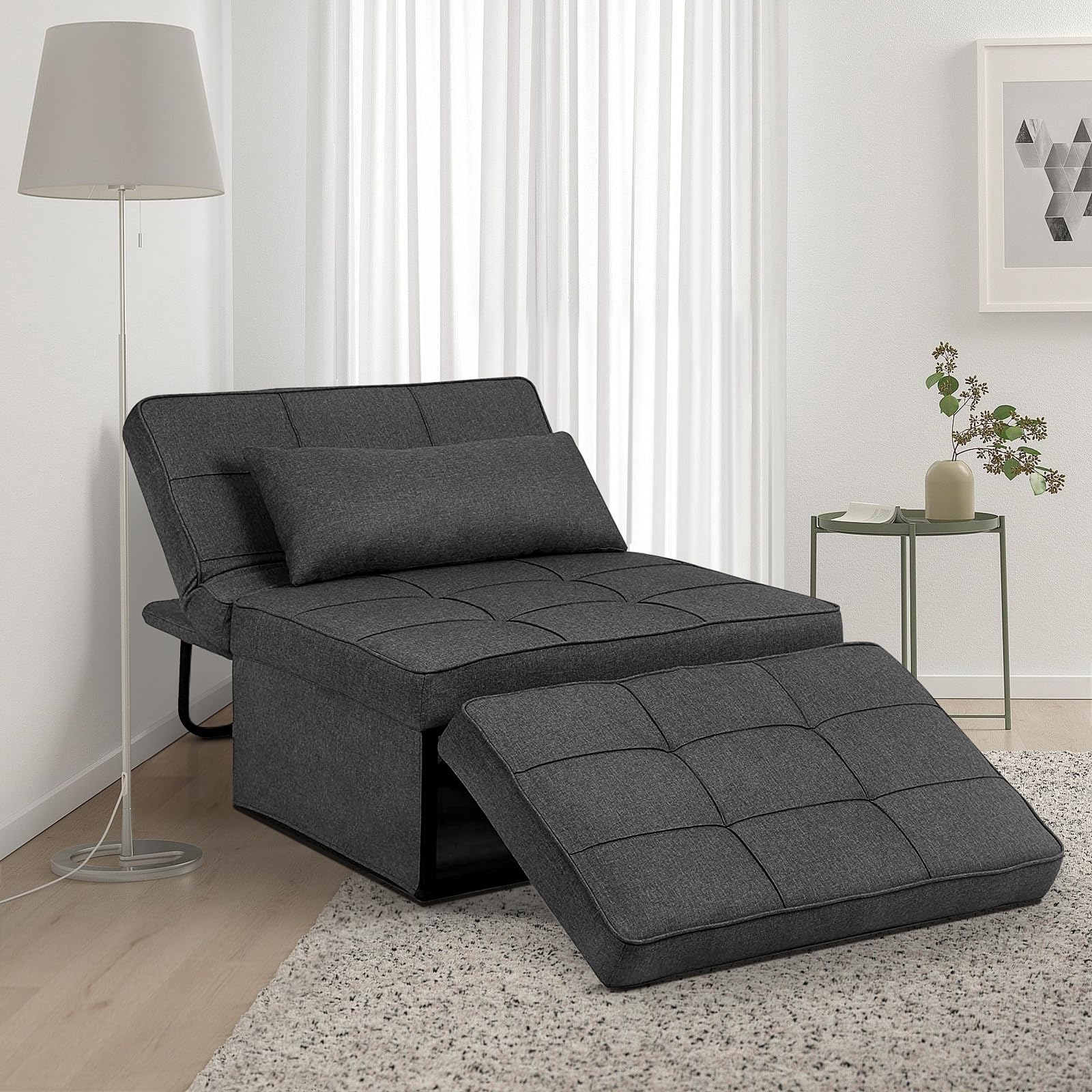 Saemoza 4-in-1 Multi-Functional Folding Sofa Bed with Ottoman - Convertible Sleeper Sofa Chair with Adjustable Backrest, Breathable Linen Fabric for Living Room, Small Apartment, Guest Room - Deep Grey | Perfect for Space-Saving, Overnight Guests & Studio Apartments