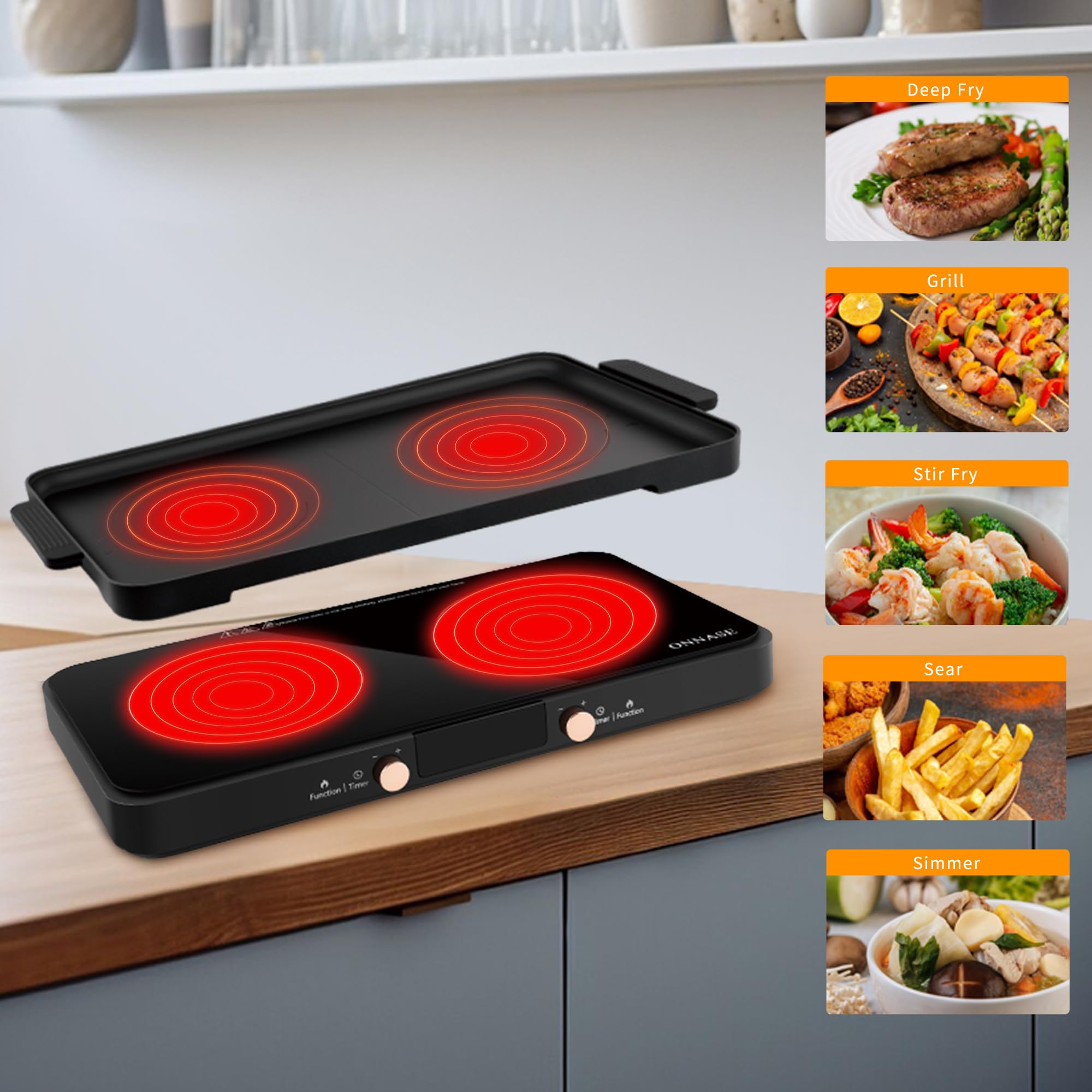1800W Double Induction Cooktop with Non-Stick Griddle Pan - 2 Burners, 11 Power Levels & 3H Timer - Perfect for Home Kitchen, Dorm & RV Cooking - Black