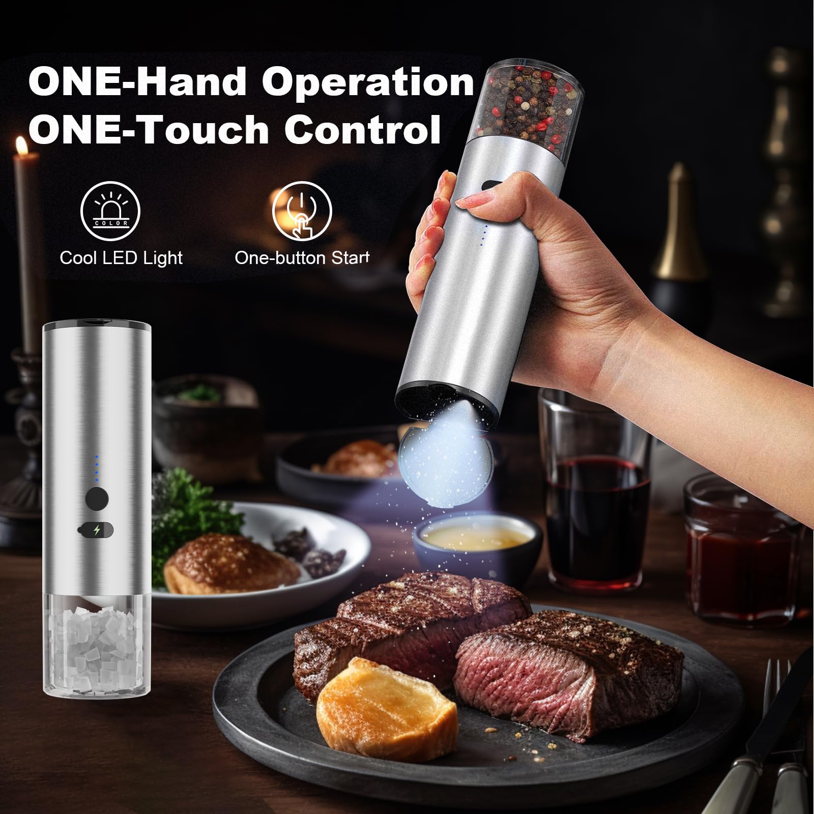 Upgraded Electric Salt and Pepper Grinder Set - USB Rechargeable Automatic Mill with Adjustable Coarseness & LED Power Indicator, 4oz Large Capacity - Perfect for Kitchen, Dining Table, Camping & Gifts