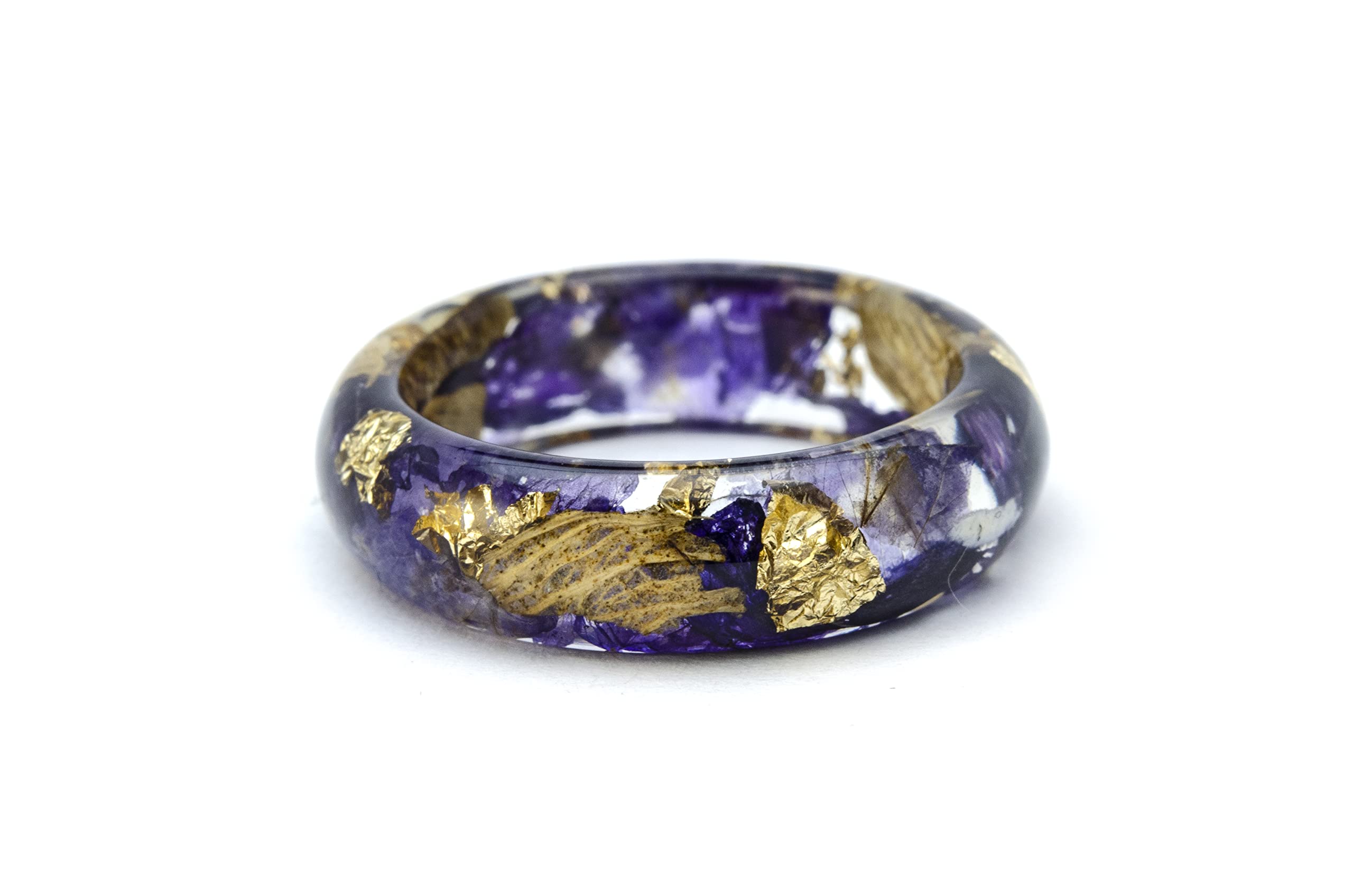 Nature Inspired Engagement Resin Rings with Purple Bells & 24K Gold - Unique Wedding Band for Couples, Handmade Eco-Friendly Jewelry Gift for Her | Perfect for Proposals, Anniversaries & Romantic Occasions