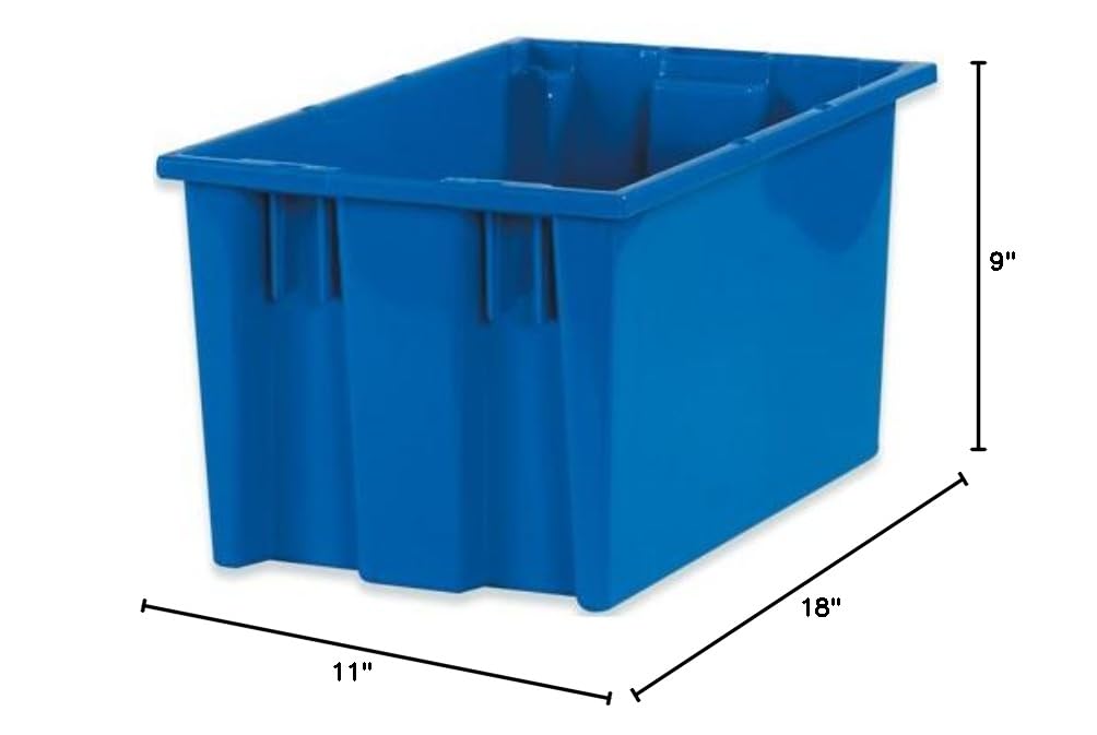 Heavy Duty Stackable Nesting Plastic Totes - 6 Pack Blue Polypropylene Storage Containers 18x11x9 Inches (0.76 cu ft) for Home Organization, Warehouse & Office Supplies