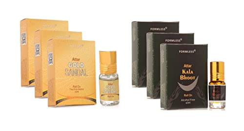 Premium Gold Sandal & Kala Bhoot Attar Set - 3ml x 6pc (3+3) Pure Perfume Oil for Aromatherapy, Meditation & Spiritual Practices - Luxury Arabian Oud Fragrance Gift Set for Women & Men
