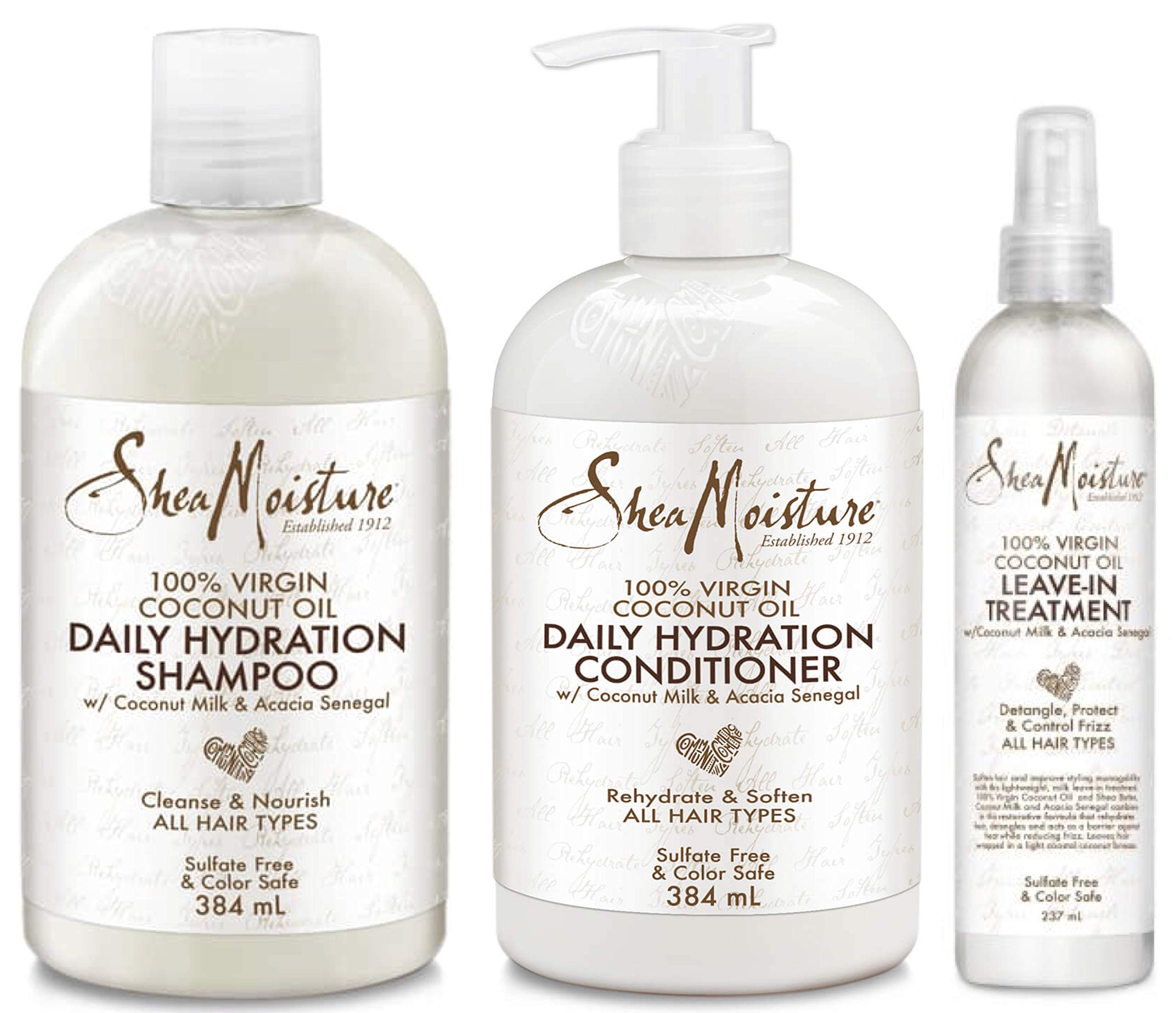 **Shea Moisture 100% Virgin Coconut Oil Trio Bundle - Daily Hydration Shampoo (13 Oz), Conditioner (13 Oz) & Leave-in Treatment (8 Oz) for Soft, Nourished Hair - Perfect for Dry, Damaged Hair Care & Daily Moisturizing Routine**