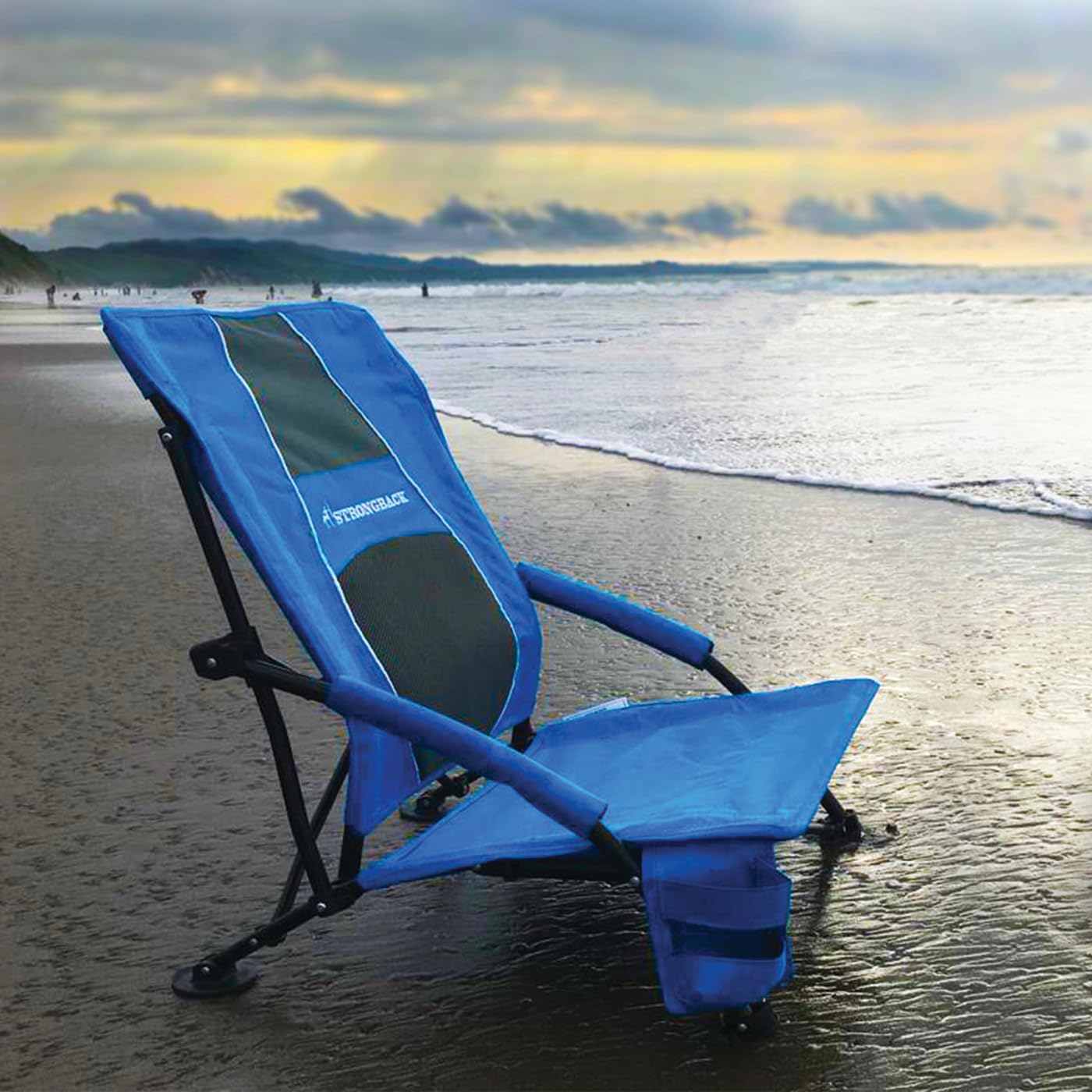 STRONGBACK Low Gravity Beach Chair with Built-in Lumbar Support - Heavy Duty Portable Folding Chair for Adults - Blue - Perfect for Beach, Camping, Backyard & Outdoor Relaxation