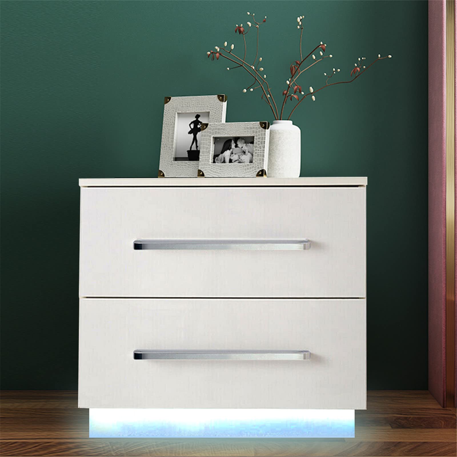 OUKANING White Nightstand with 2 Drawers & LED Lights - High Gloss Bedside Table for Bedroom, 19.6x21.6x14.5 Inches - Modern End Table with Storage Drawers for Small Spaces, Dorm, Apartment
