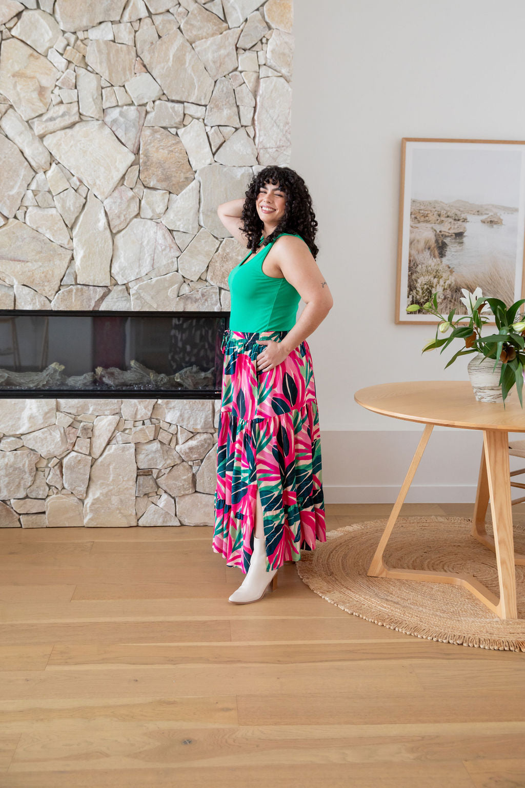 Carrie Skirt in Jungle Pink - Women's Floral A-Line Midi Skirt with Pockets | Perfect for Spring Outfits, Office Wear & Casual Dates