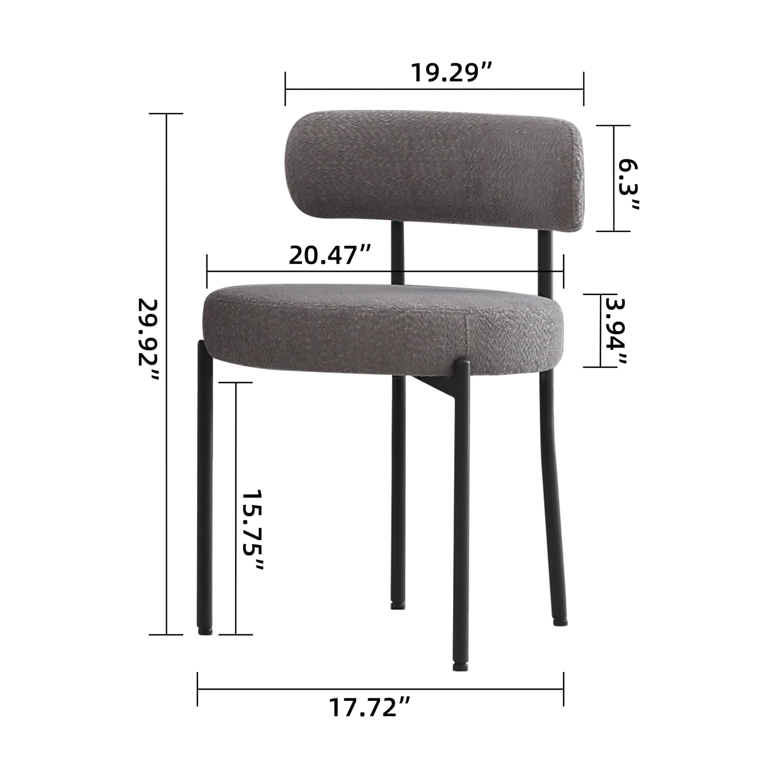 Dark Grey Upholstered Boucle Dining Chairs Set of 4 - Mid-Century Modern Round Kitchen Chairs with Curved Backrest & Black Metal Legs for Dining Room, Restaurant, or Cafe