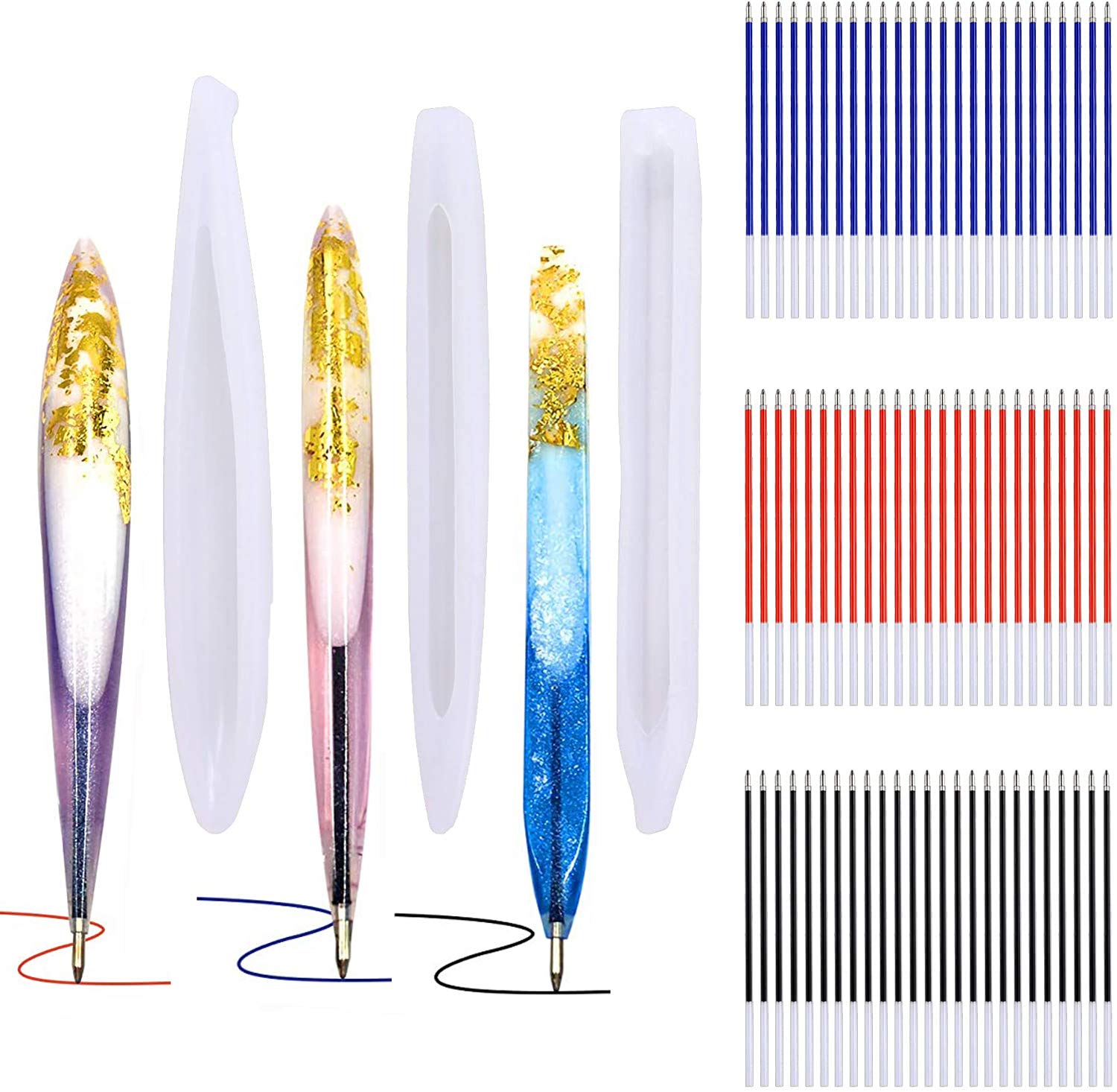 3-Piece Ballpoint Pen Silicone Molds for Epoxy Resin Casting - DIY Craft Pen Making Kit with 75 Assorted Color Refills - Perfect for Handmade Jewelry, Keychains & Unique Gift Creations