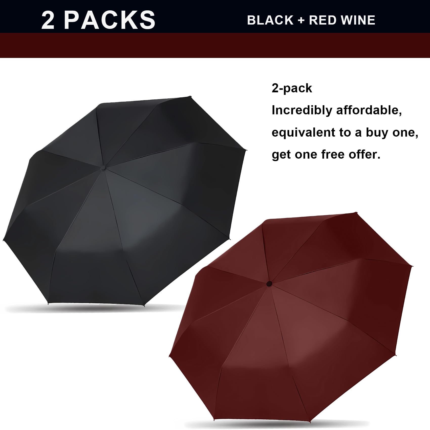 SIEPASA 2 Pack Auto Open & Close Compact Travel Umbrella - Lightweight Strong Windproof Mini Folding Umbrella for Men & Women - Perfect for Backpack, Commuting, Hiking (Black & Wine Red)