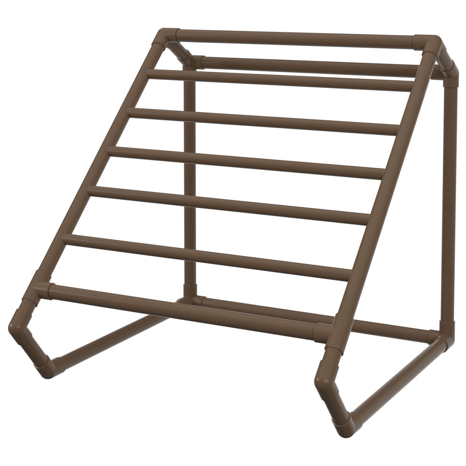 VEVOR 8-Bar Freestanding Outdoor PVC Pool Towel Rack with Towel Clips, Mesh Bag & Hook - Brown Triangular Poolside Storage Organizer for Towels, Floats & Paddles - Perfect for Beach, Swimming Pool & Backyard Use
