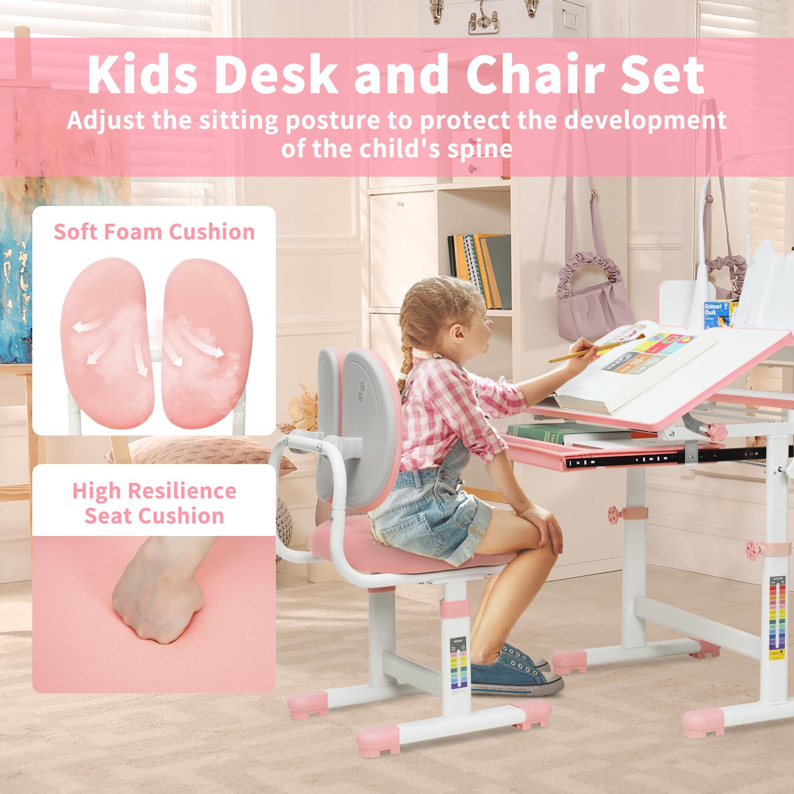 MOOITZ Adjustable Kids Desk and Chair Set with LED Lights, 60° Tilting Tabletop & Storage Drawers - Ergonomic Study Desk for Children, Pink - Perfect for Homework, Drawing, and Online Learning