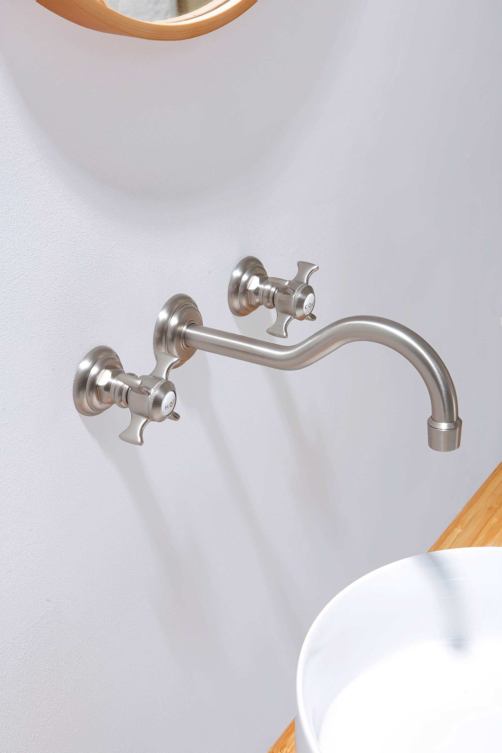 SITGES Brushed Nickel Wall Mount Bathroom Sink Faucet - 2 Handle Wall Mounted Faucet with Rough-in Valve - Perfect for Modern Bathroom & Powder Room Renovations