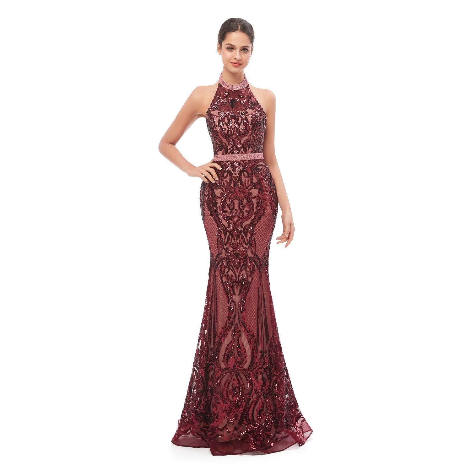 Leyidress Sexy Halter Sequins Mermaid Prom Dress - Burgundy Formal Evening Gown for Women | Perfect for Bridesmaid, Homecoming, Pageant & Special Occasions