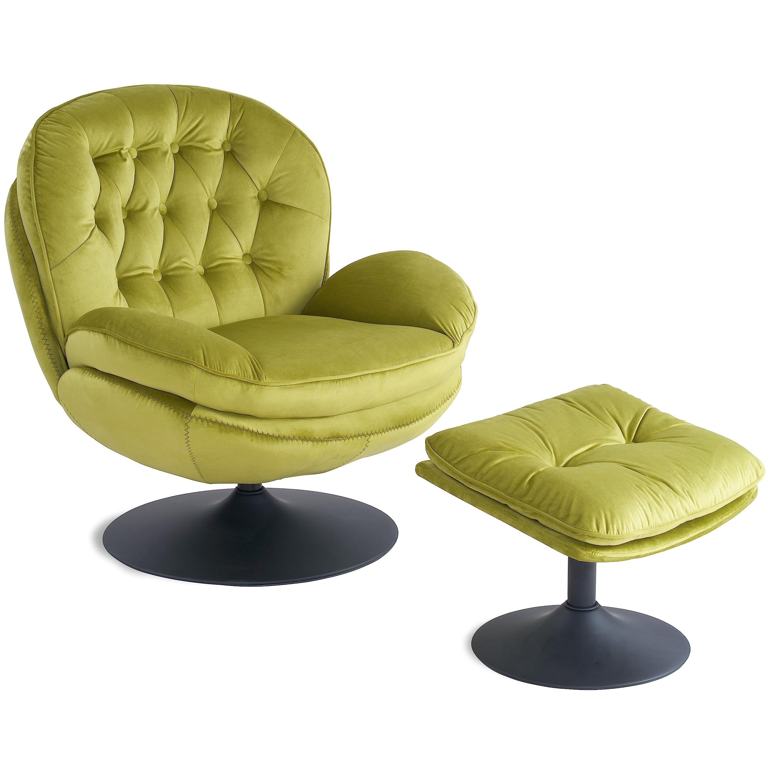 Velvet Swivel Accent Chair with Ottoman Set - Modern Tufted Armchair with Footrest for Living Room, Bedroom & Office - 360-Degree Swivel Reading TV Chair for Adults - Olive Green Chaise Lounge - Perfect for Relaxing, Entertaining & Small Spaces