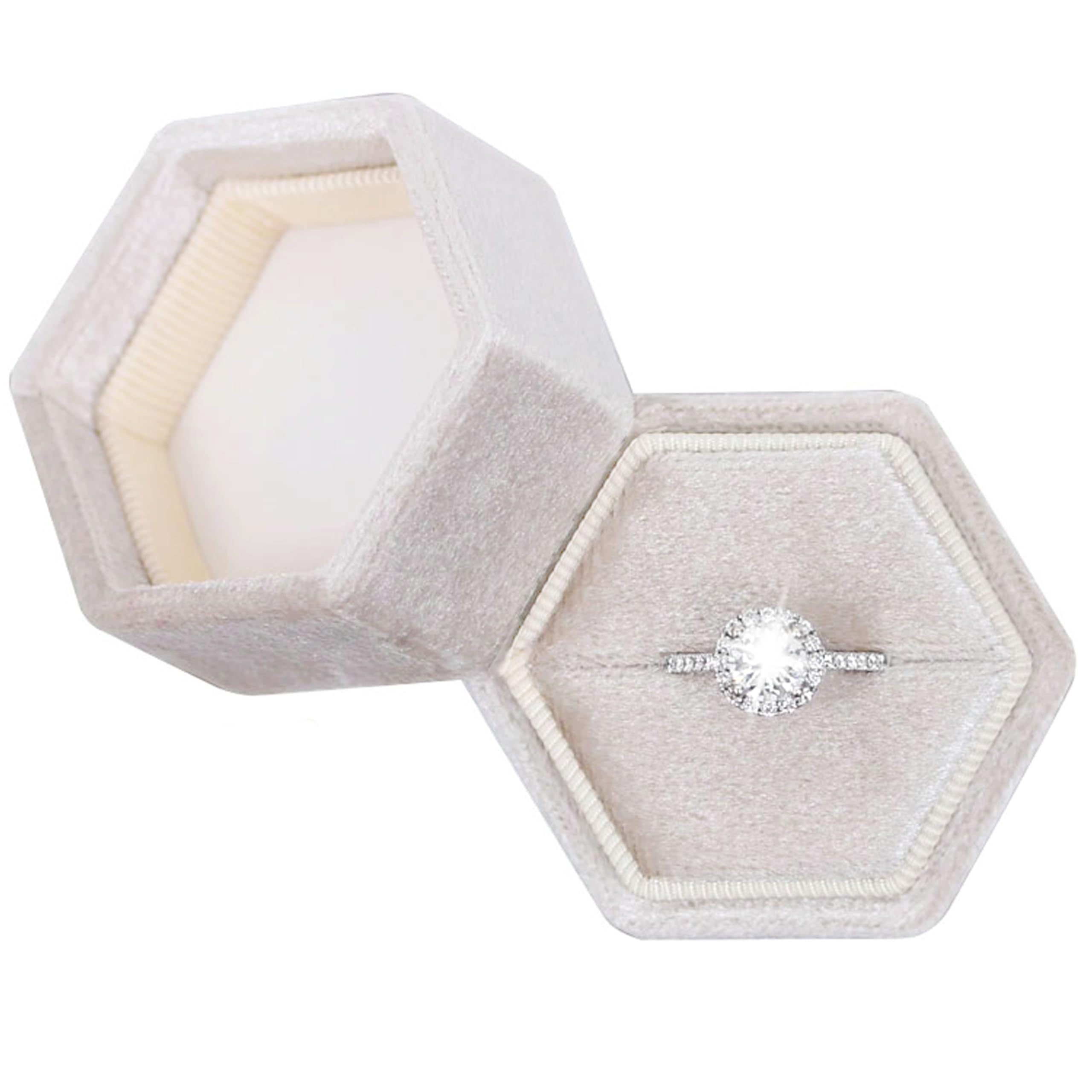 Hexagon Velvet Jewelry Box - Single Slot Ring Holder for Engagement & Wedding Rings - Keepsake Gift Box for Bridal Photos - Beige Velvet Jewelry Storage - Perfect for Proposals, Anniversaries and Bridal Showers