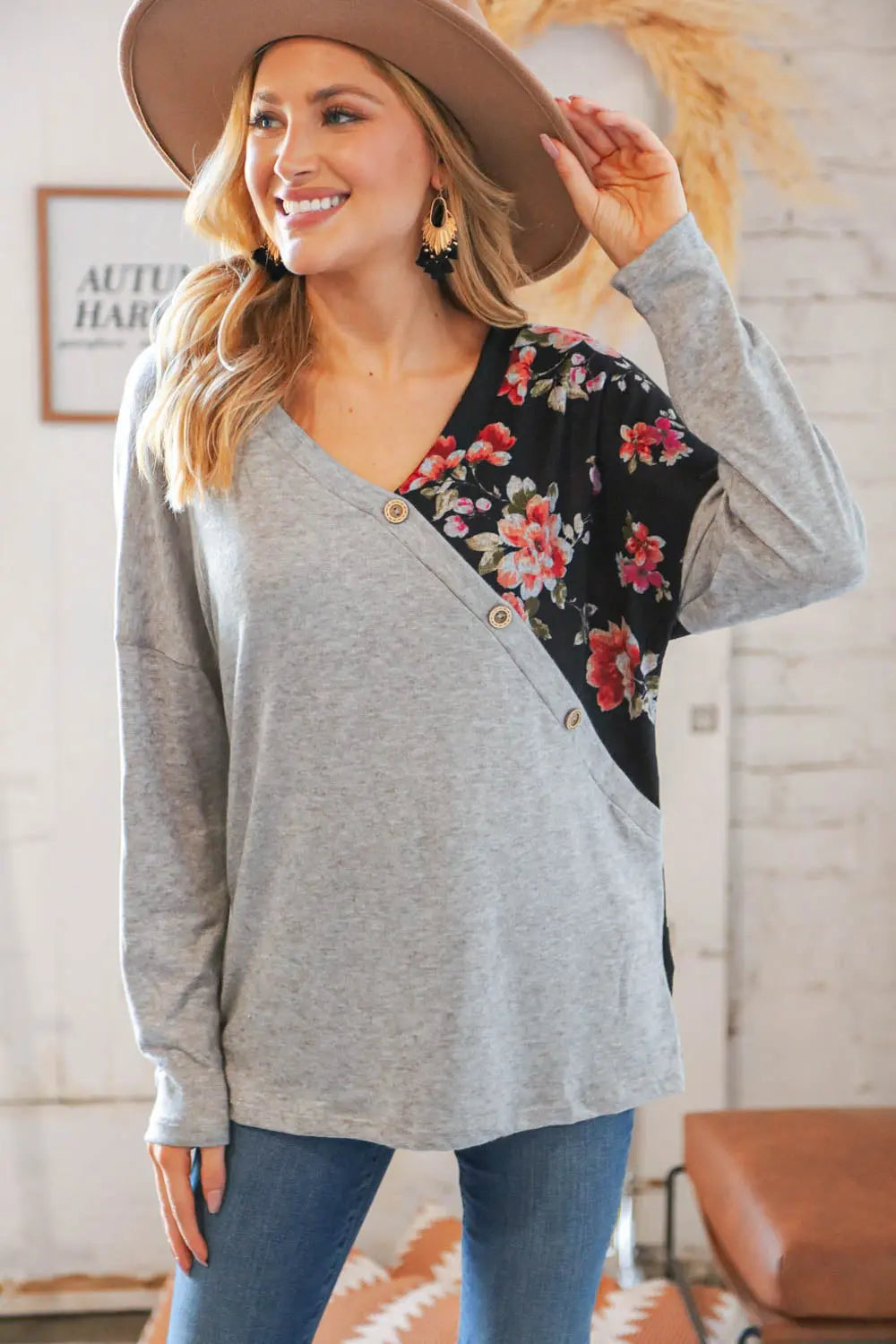 Elegant Grey & Black Floral Surplice Button Knit Top for Women - Casual Chic Blouse for Office, Date Night & Spring Outfits