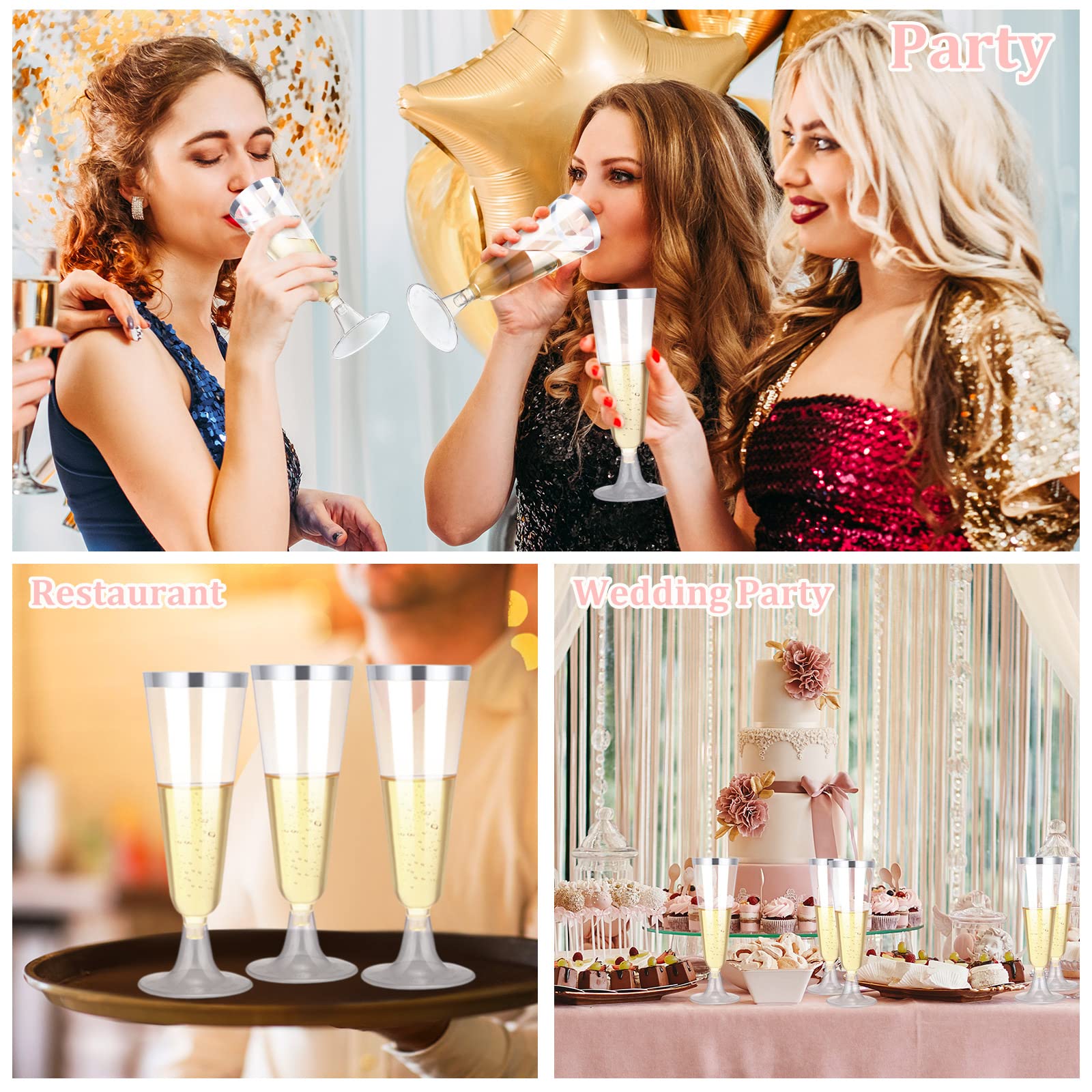200 Pack Disposable 5 Oz Plastic Champagne Flutes - Silver Wedding Party Cups for Toasting, Cocktails & Celebrations | Elegant & Shatterproof Drinkware for Weddings, Receptions, Bridal Showers & Special Events